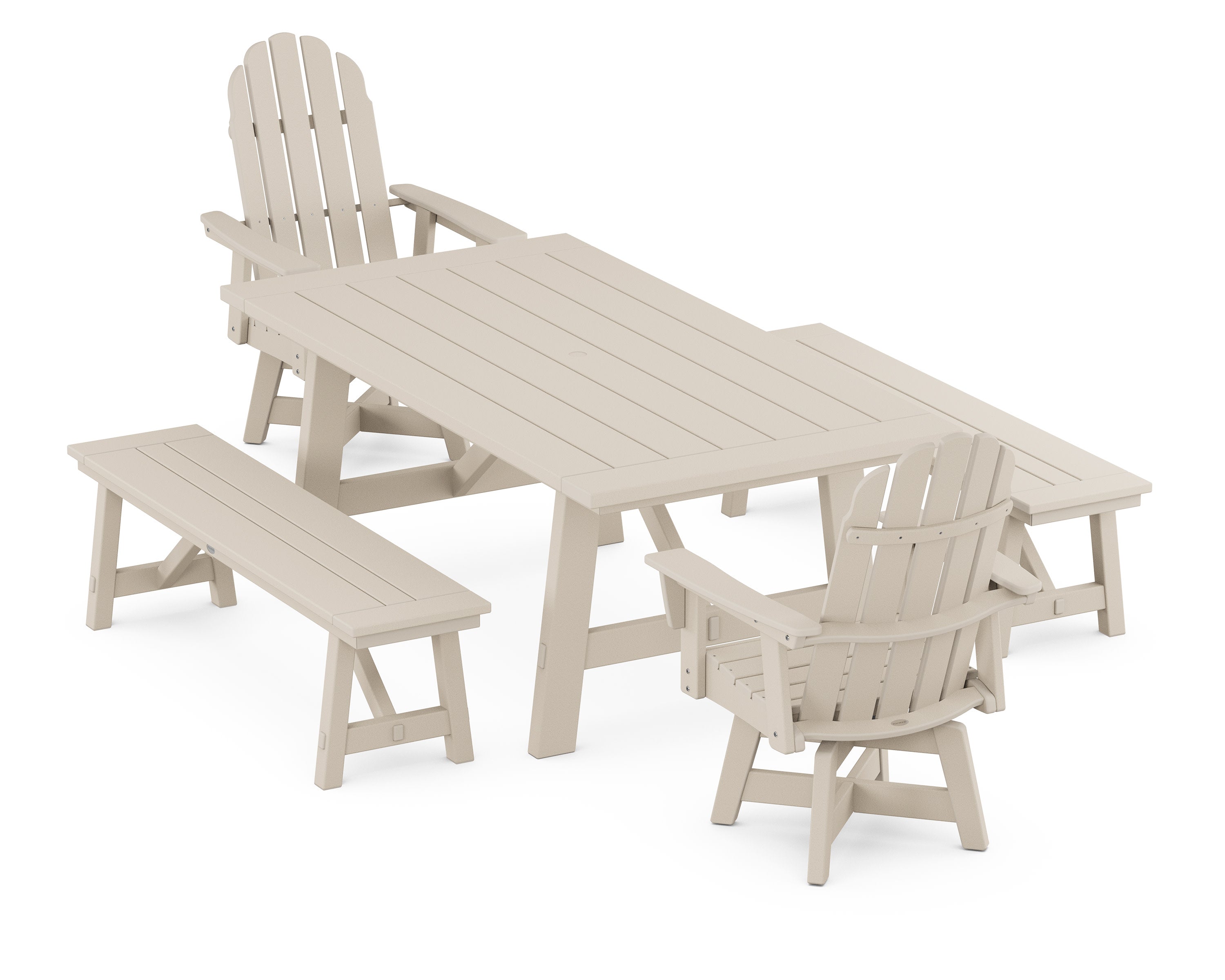 VineyardCurveback Adirondack Swivel Chair 5-Piece Rustic Farmhouse Dining Set With Benches in Sand