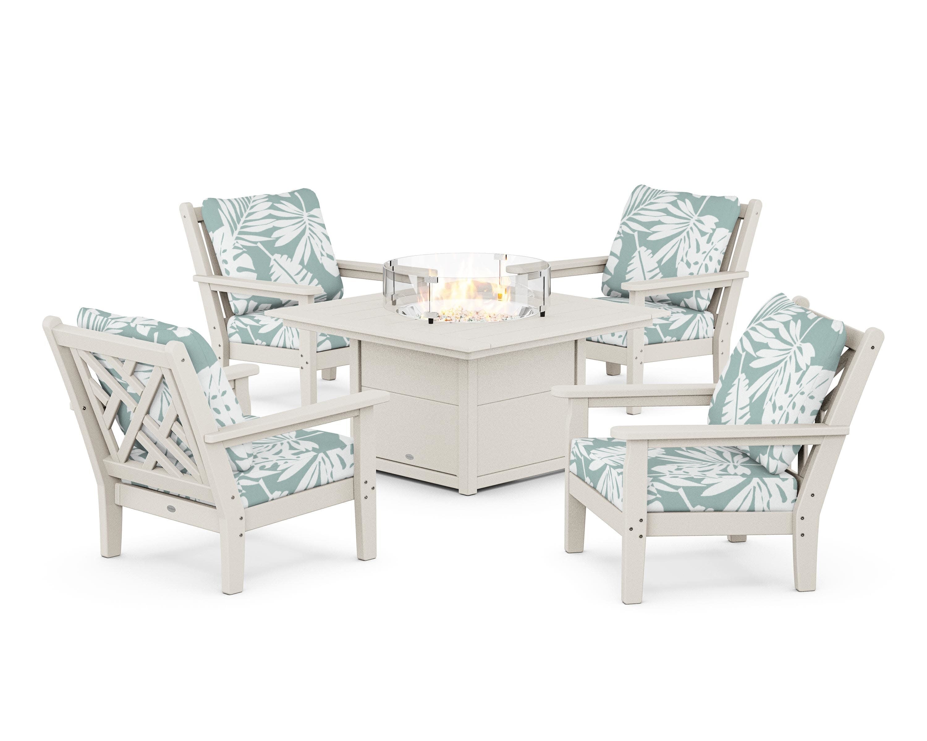 Chippendale 5-Piece Deep Seating Set with Fire Pit Table in Sand / Leaf Glacier Spa