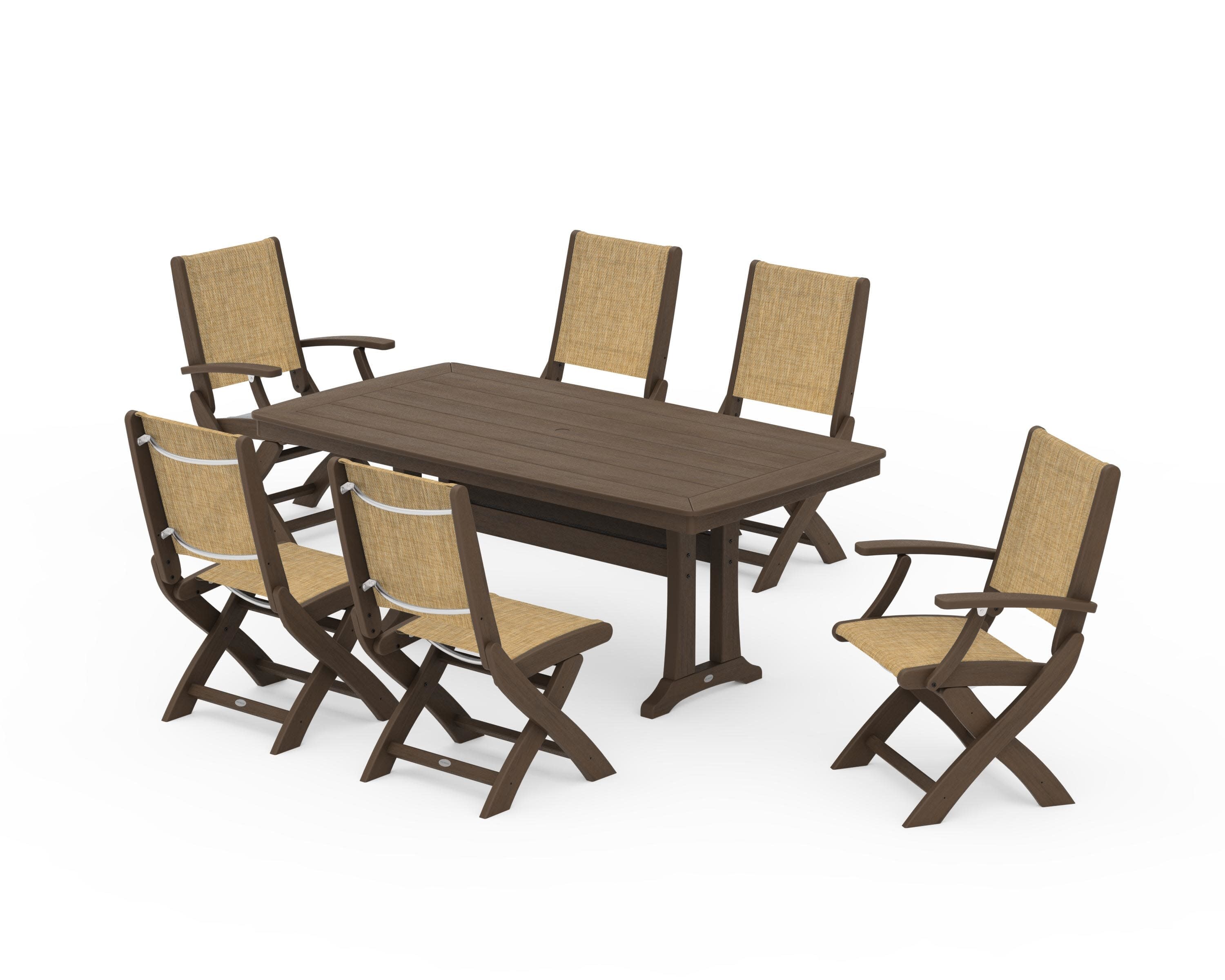 Coastal Folding Chair 7-Piece Dining Set with Trestle Legs in Kona / Burlap Sling
