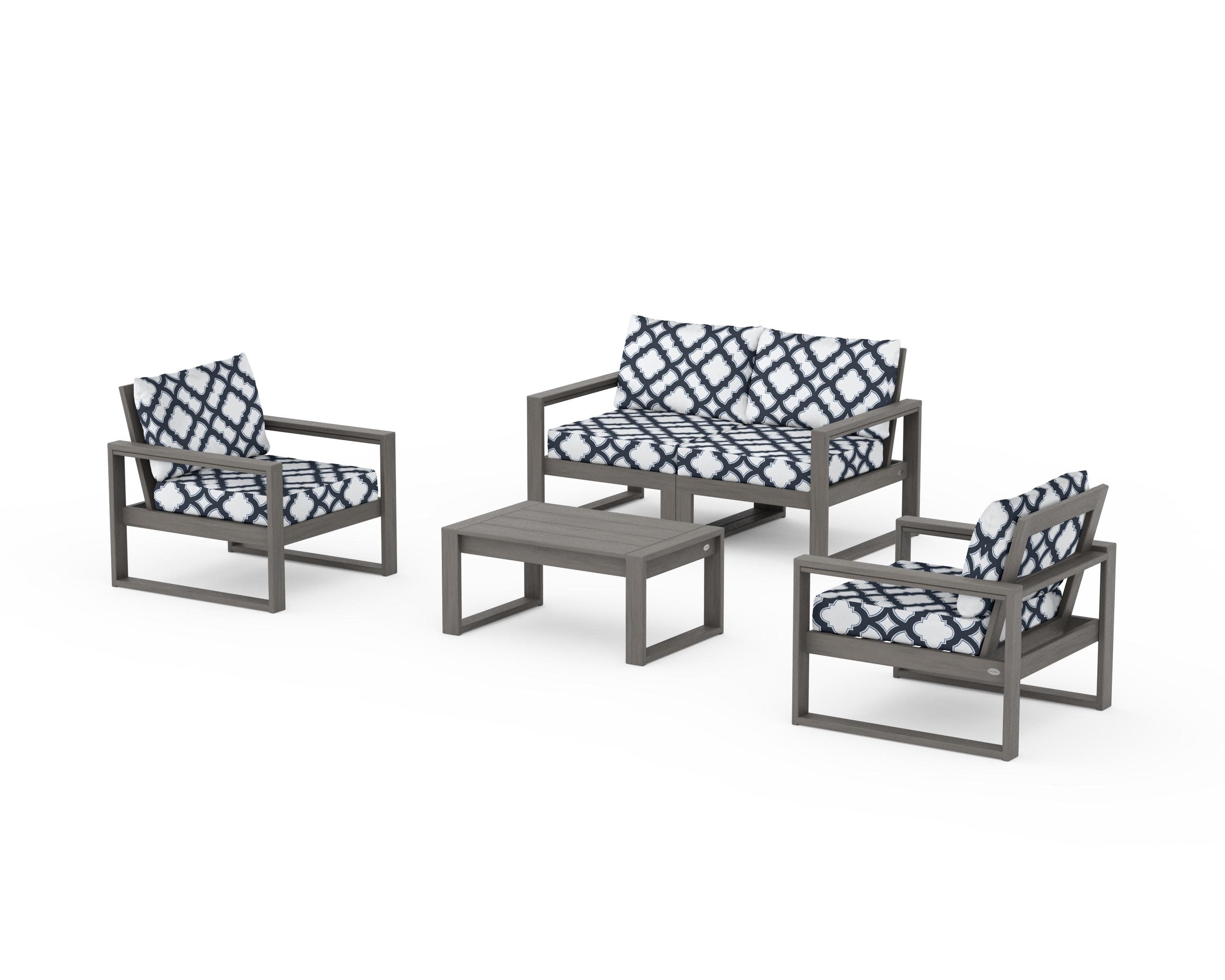 EDGE Sectional 4-Piece Deep Seating Set with Loveseat in Driftwood / Trellis Marine Indigo