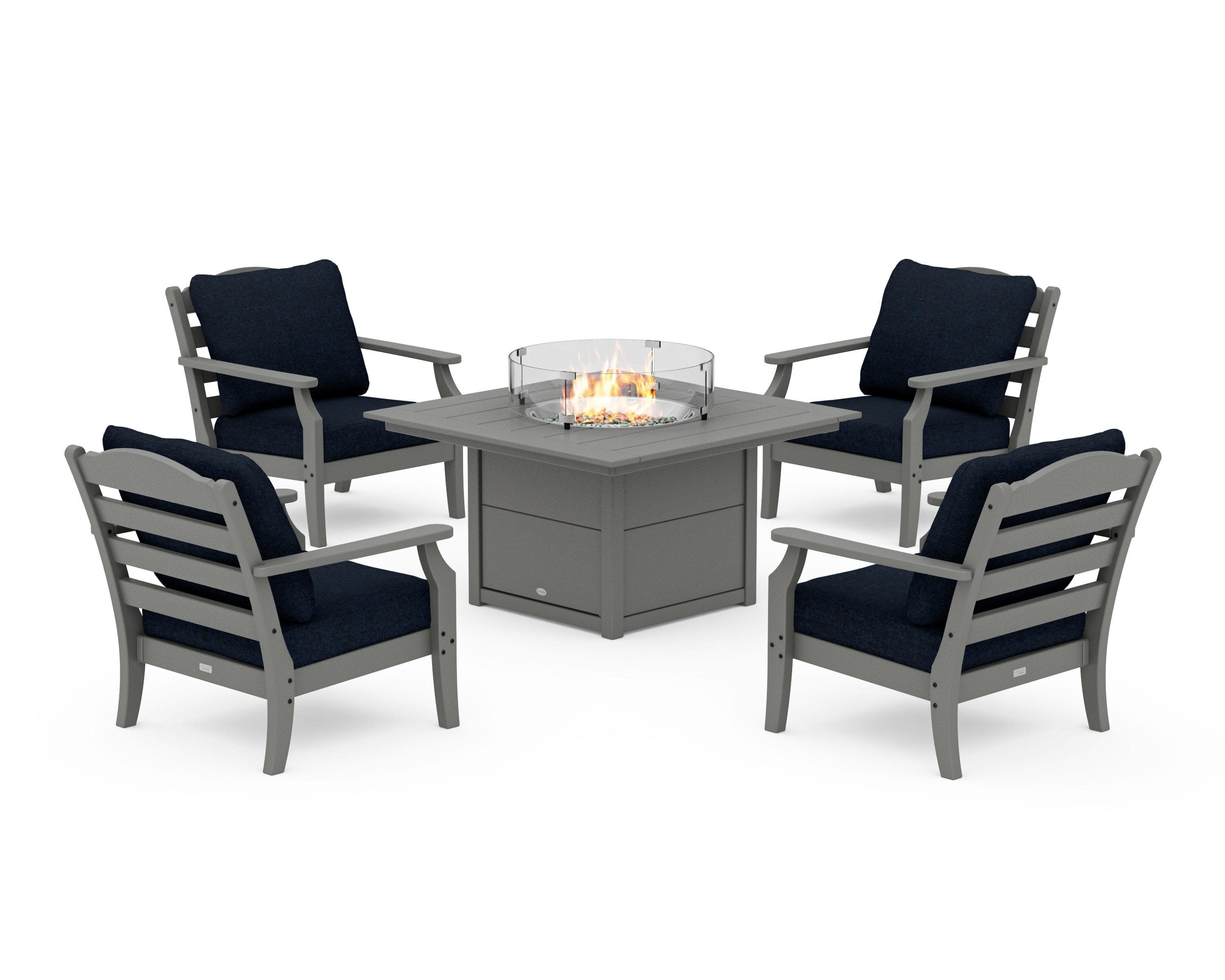 Savannah 5-Piece Deep Seating Set with Fire Pit Table in Slate Grey / Marine Indigo