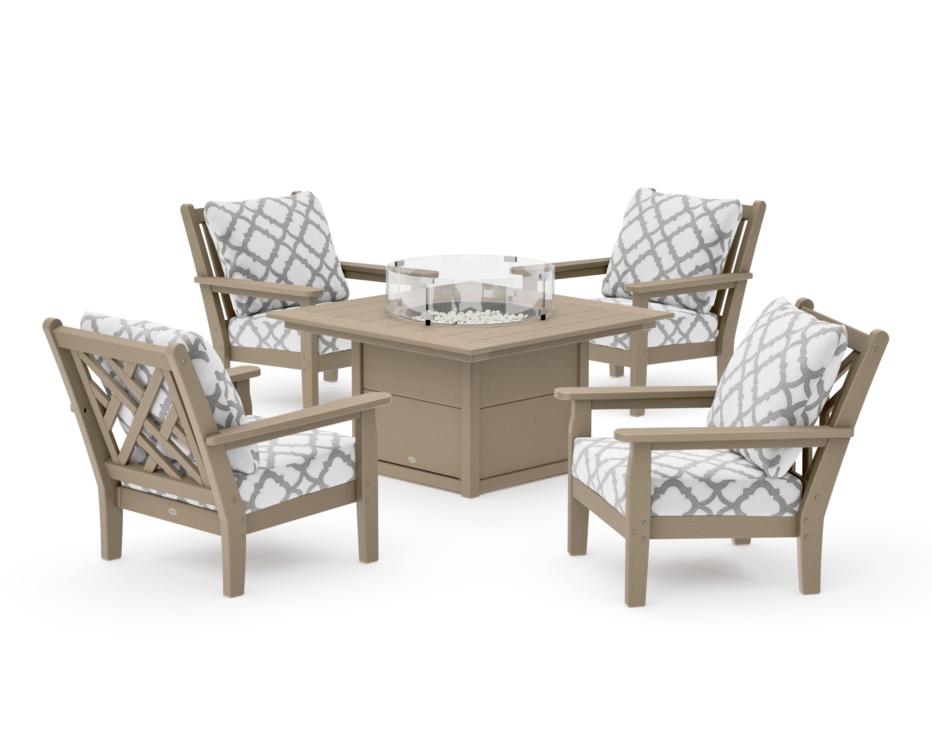Chippendale 5-Piece Deep Seating Set with Fire Pit Table in Vintage Sahara / Trellis Grey Mist