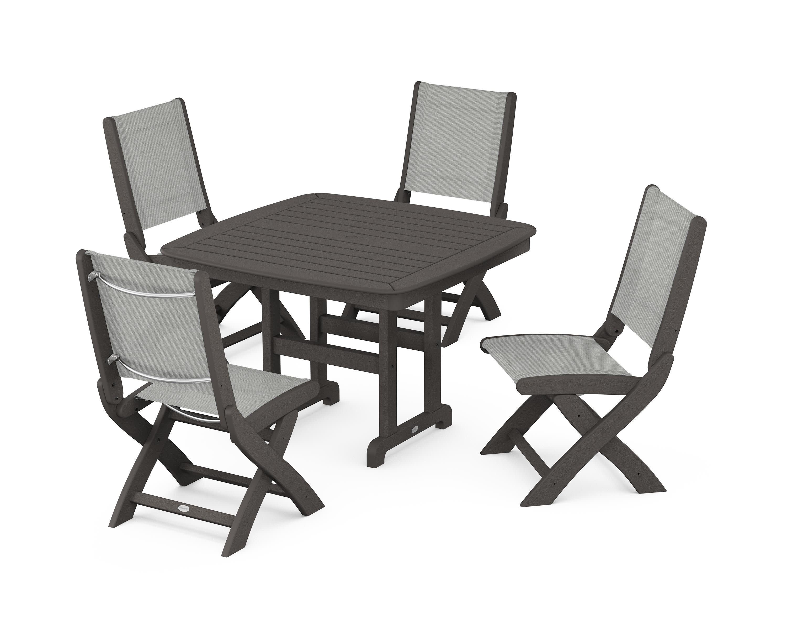 Coastal Folding Side Chair 5-Piece Dining Set in Vintage Coffee / Metallic Sling