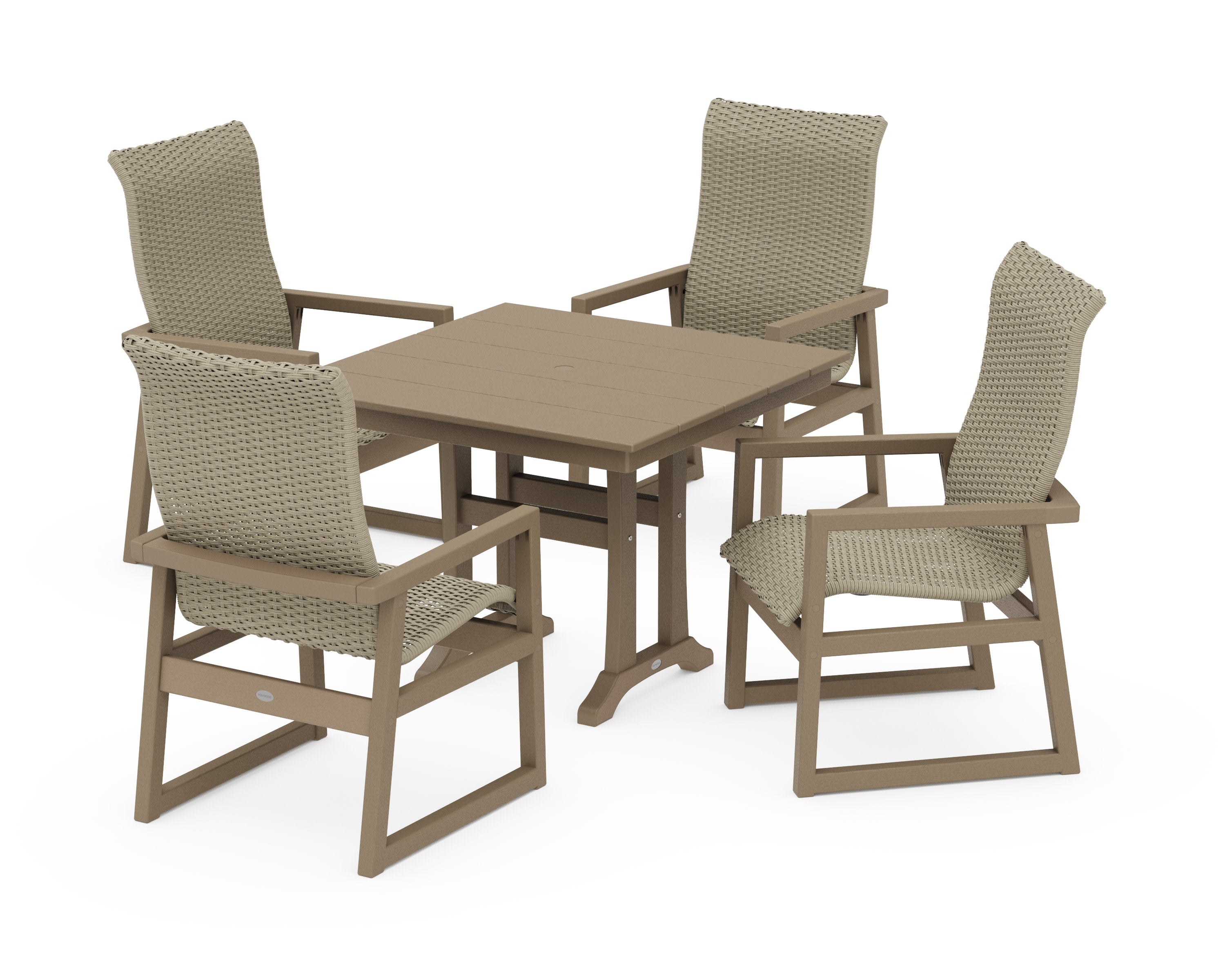 EDGE Woven Highback 5-Piece Farmhouse Dining Set with Trestle Legs in Vintage Sahara / Dune Grass