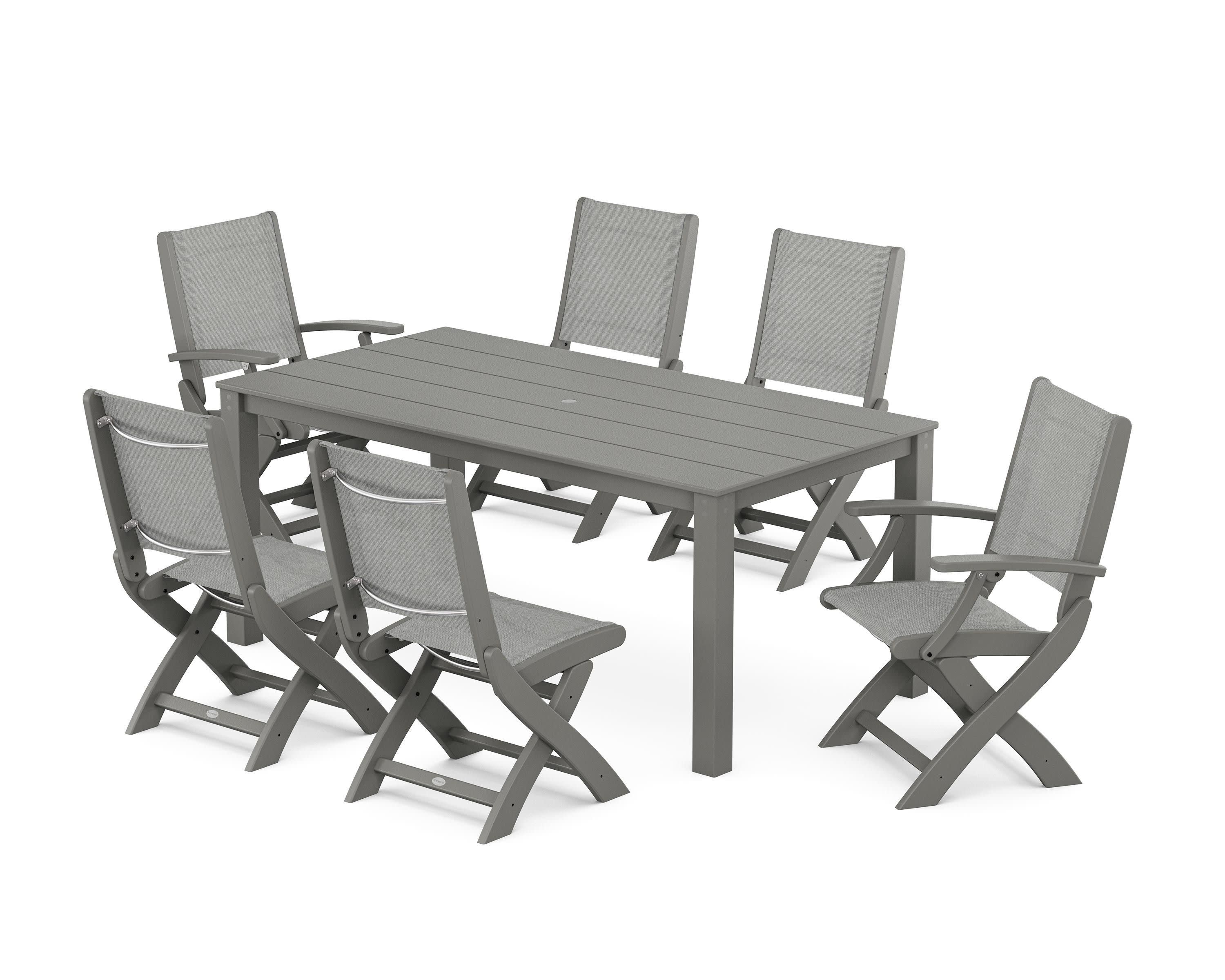 Coastal Folding Chair 7-Piece Parsons Dining Set in Slate Grey / Metallic Sling