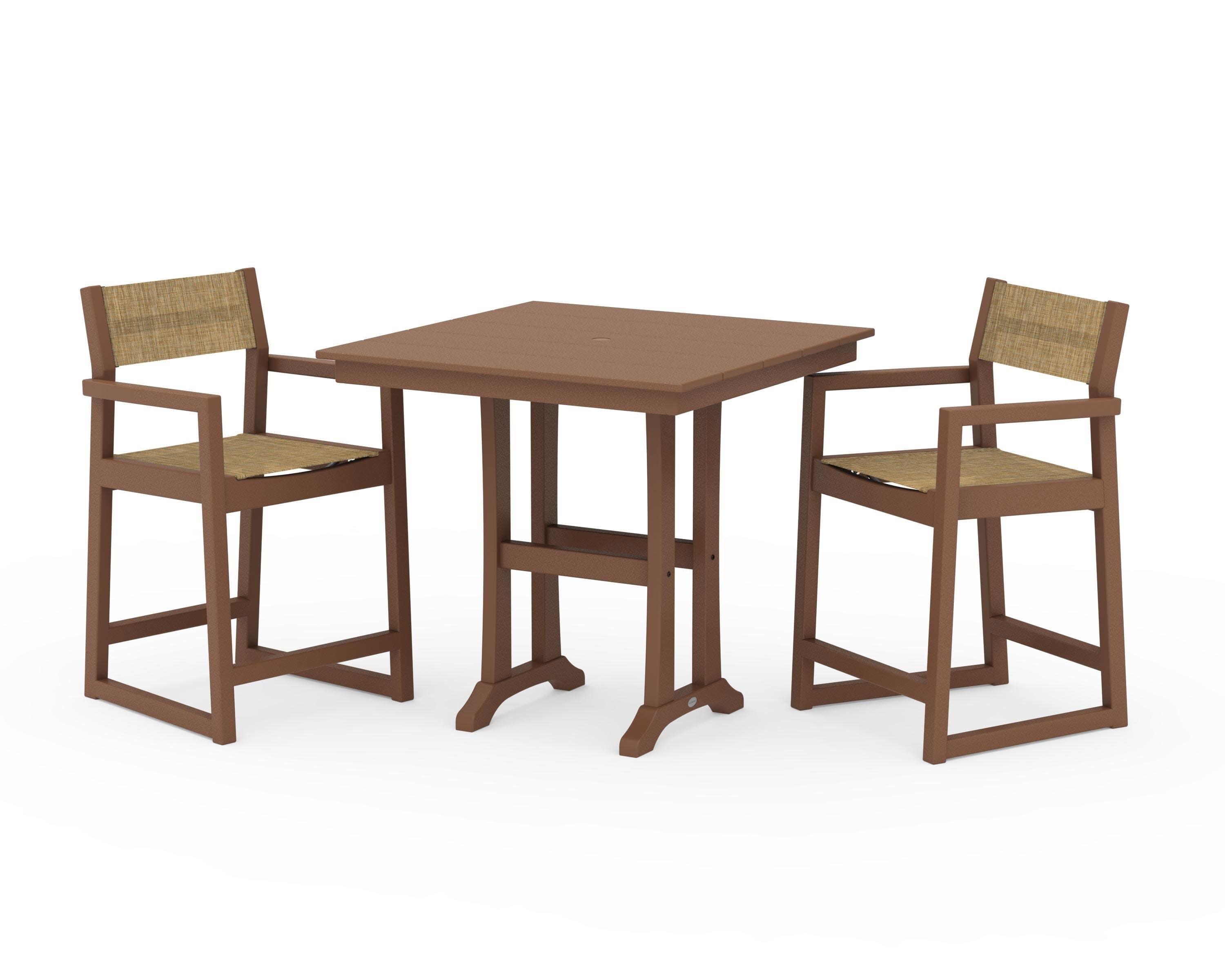 EDGE Sling Arm Chair 3-Piece Farmhouse Counter Set with Trestle Legs in Teak / Burlap Sling