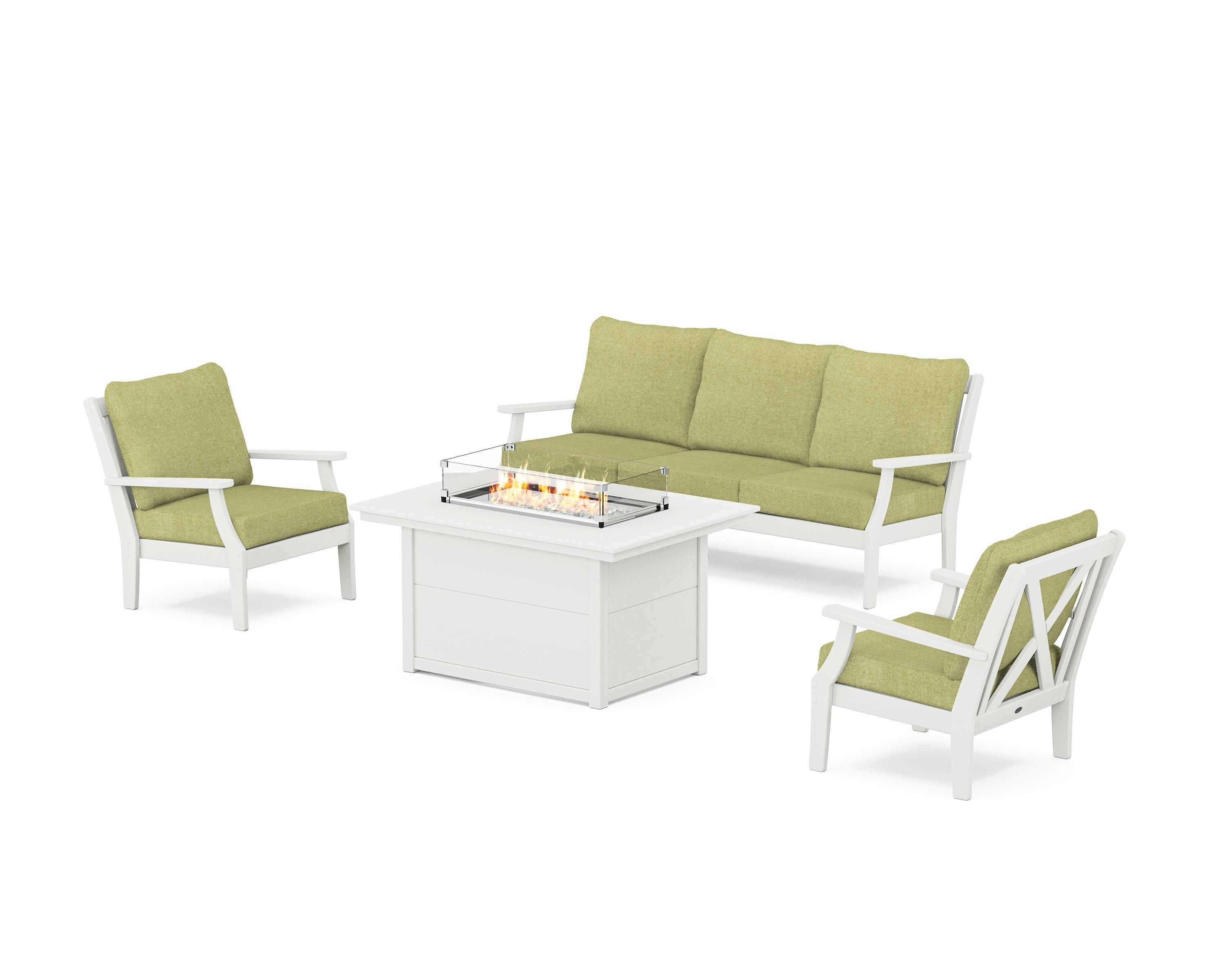 Braxton Deep Seating Fire Pit Table Set in Vintage White / Chartreuse Boucle