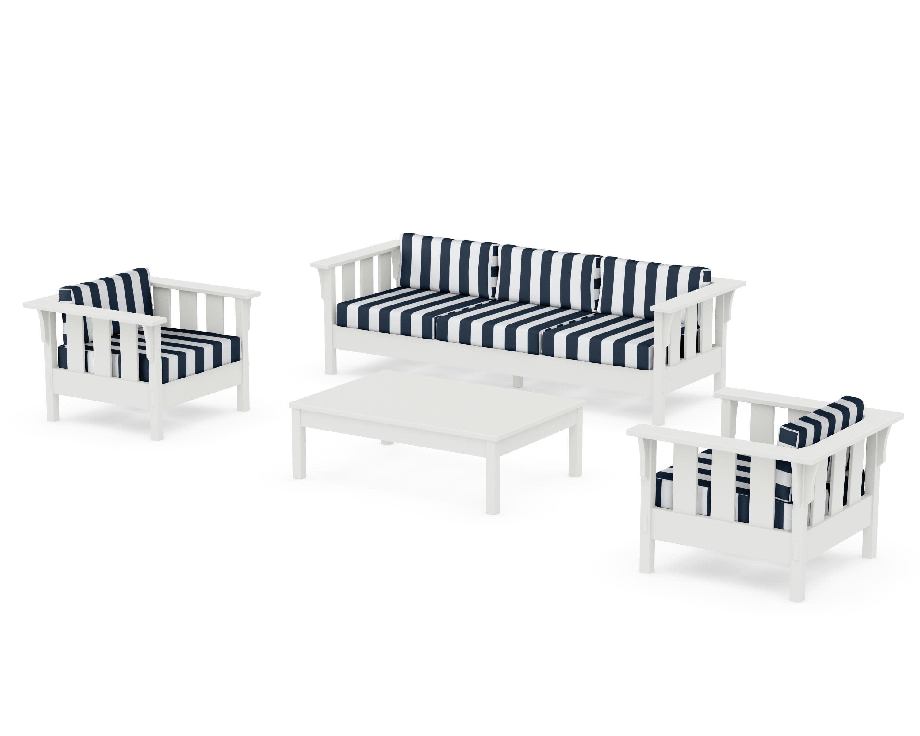 Acadia 4-Piece Deep Seating Set with Sofa in Vintage White / Cabana Stripe Marine Indigo