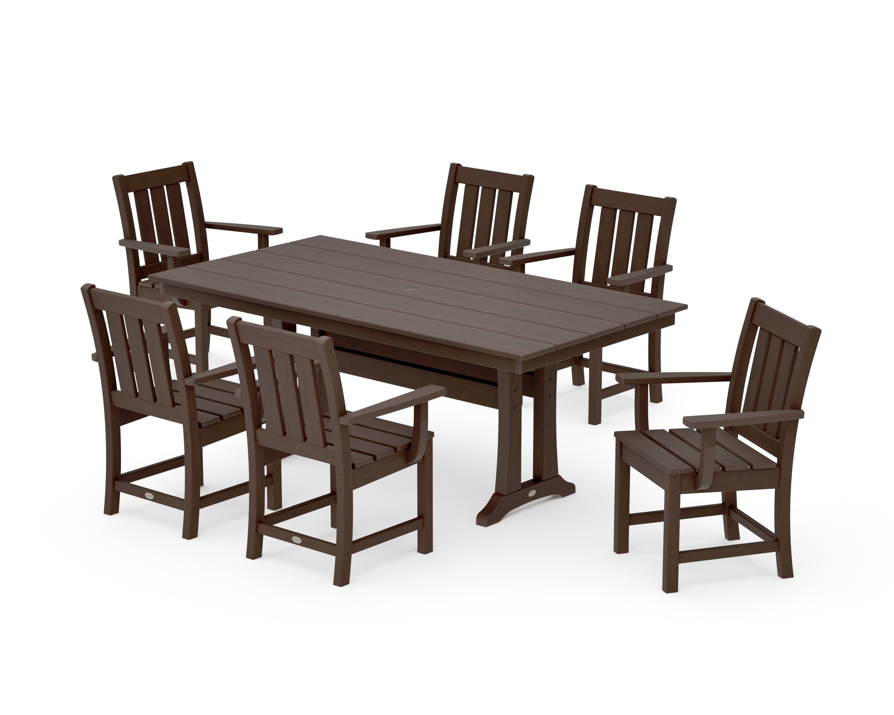 Oxford Arm Chair 7-Piece Farmhouse Dining Set with Trestle Legs in Kona