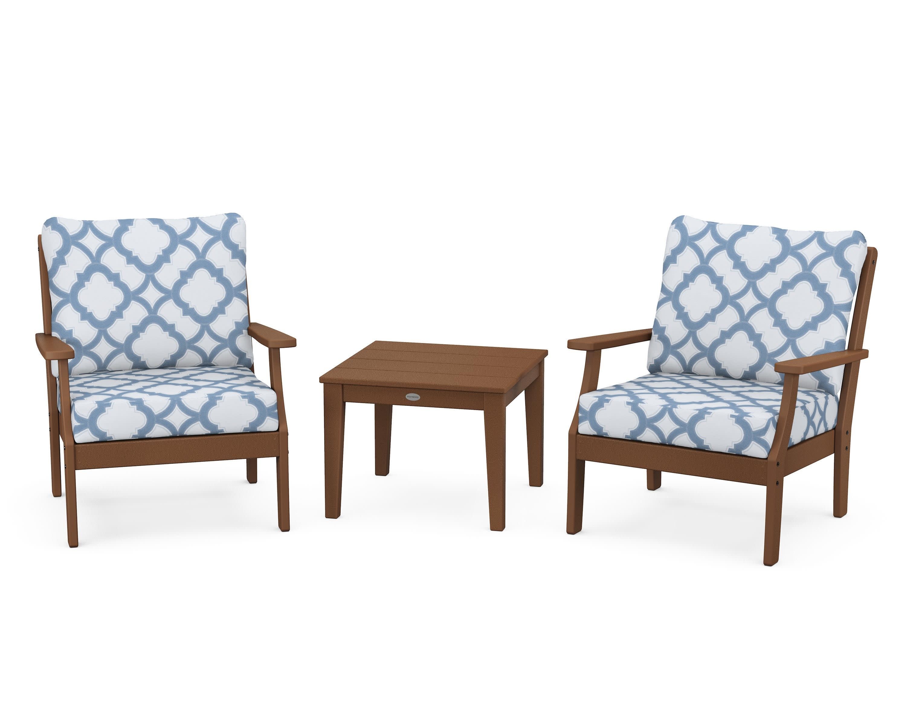 Braxton 3-Piece Deep Seating Set in Teak / Trellis Sky Blue