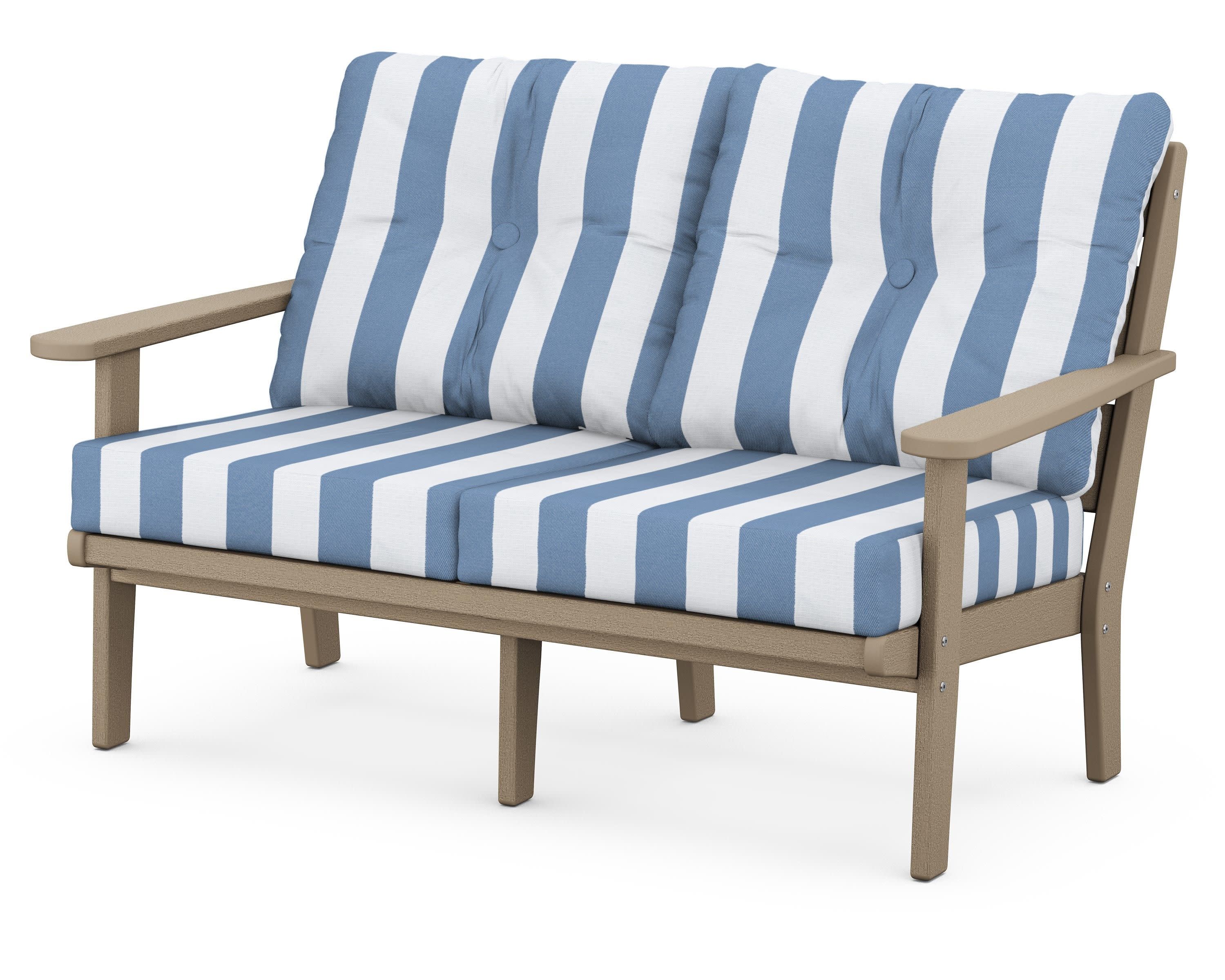 Lakeside Deep Seating Loveseat in Vintage Sahara / Cabana Stripe Sky Blue