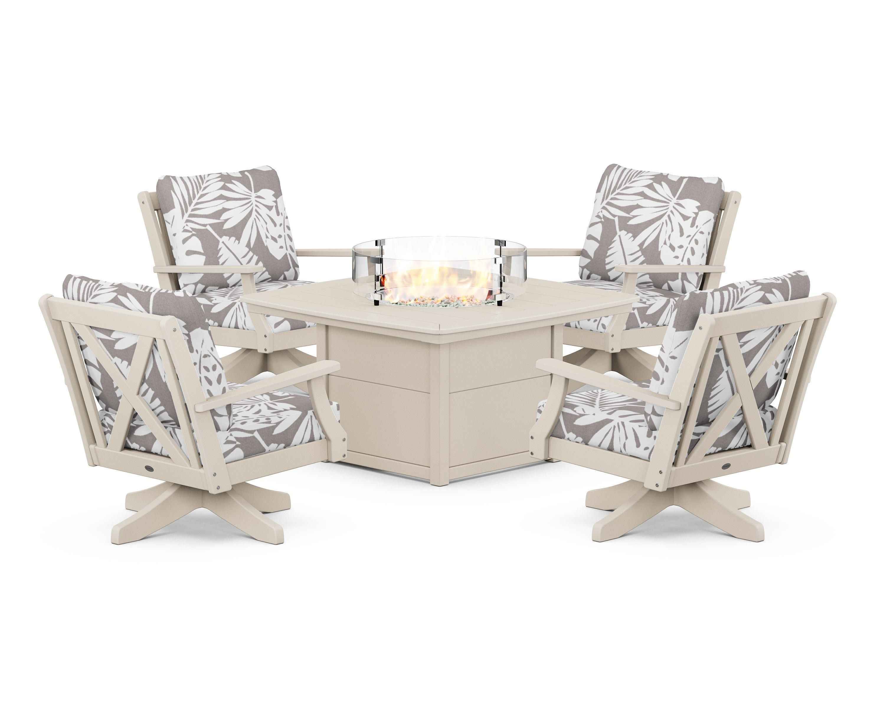 Braxton 5-Piece Deep Seating Swivel Conversation Set with Fire Pit Table in Sand / Leaf Grey Mist