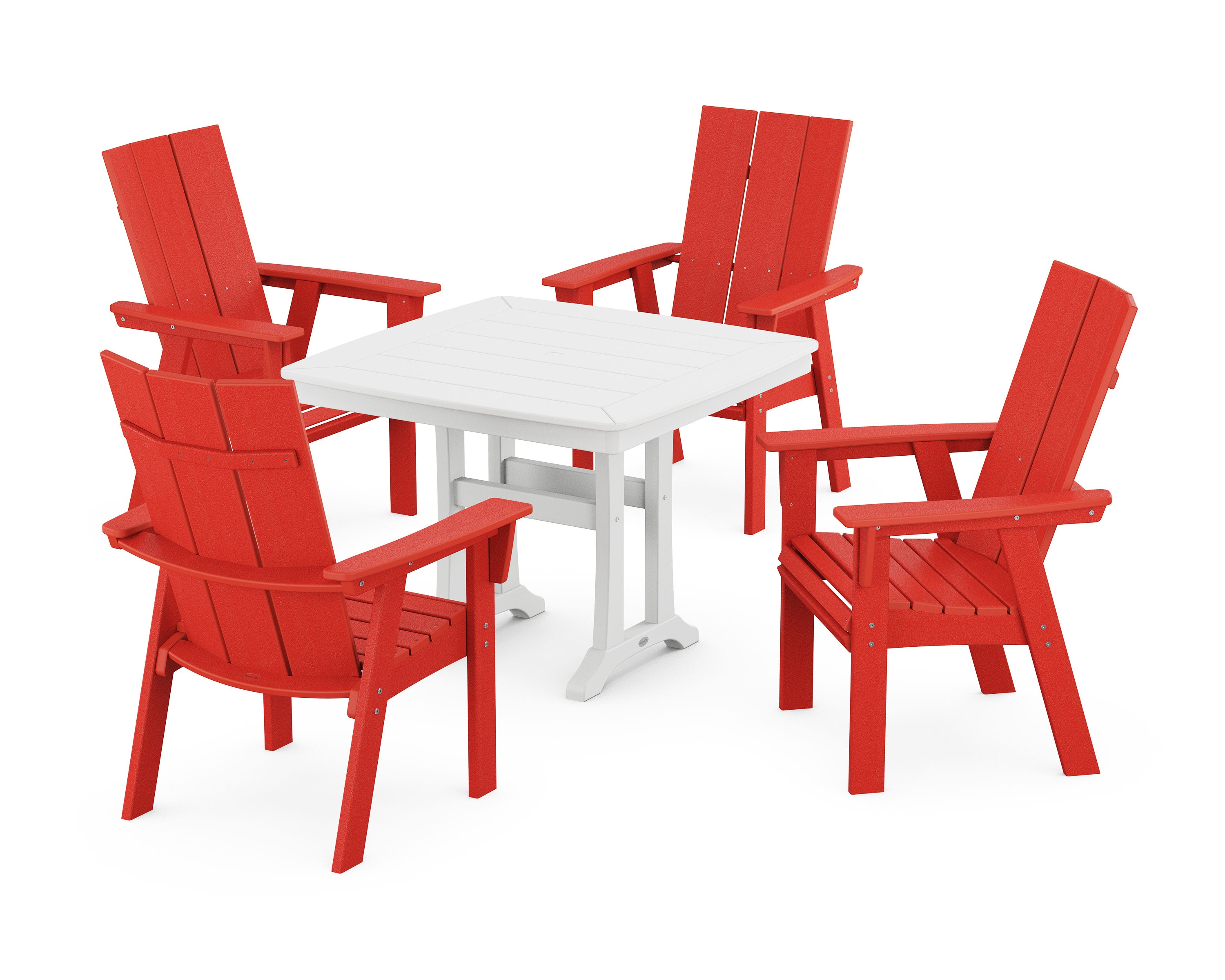 Modern Adirondack 5-Piece Dining Set with Trestle Legs in Sunset Red / White