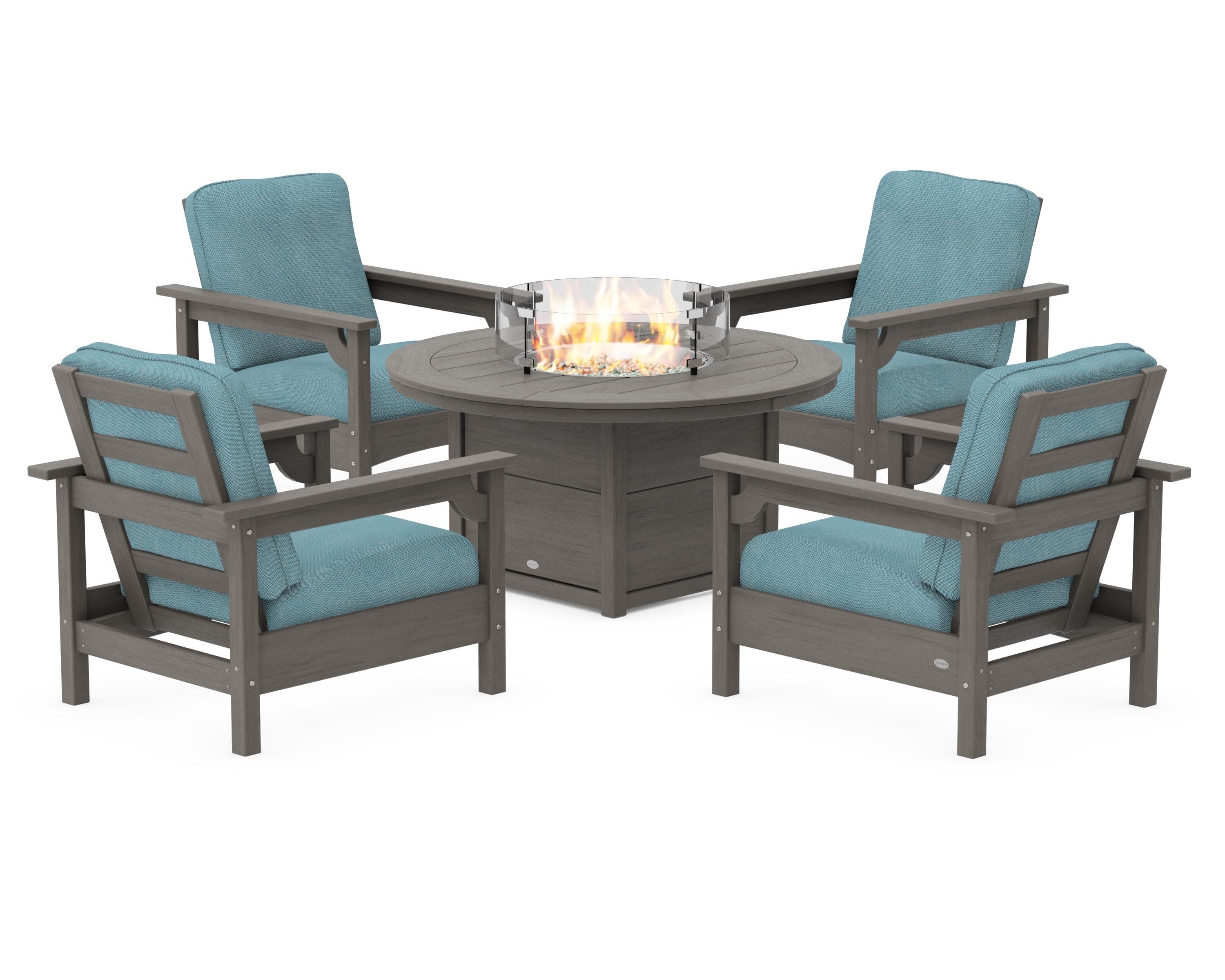 Club 5-Piece Conversation Set with Fire Pit Table in Driftwood / Lattice Sky Blue