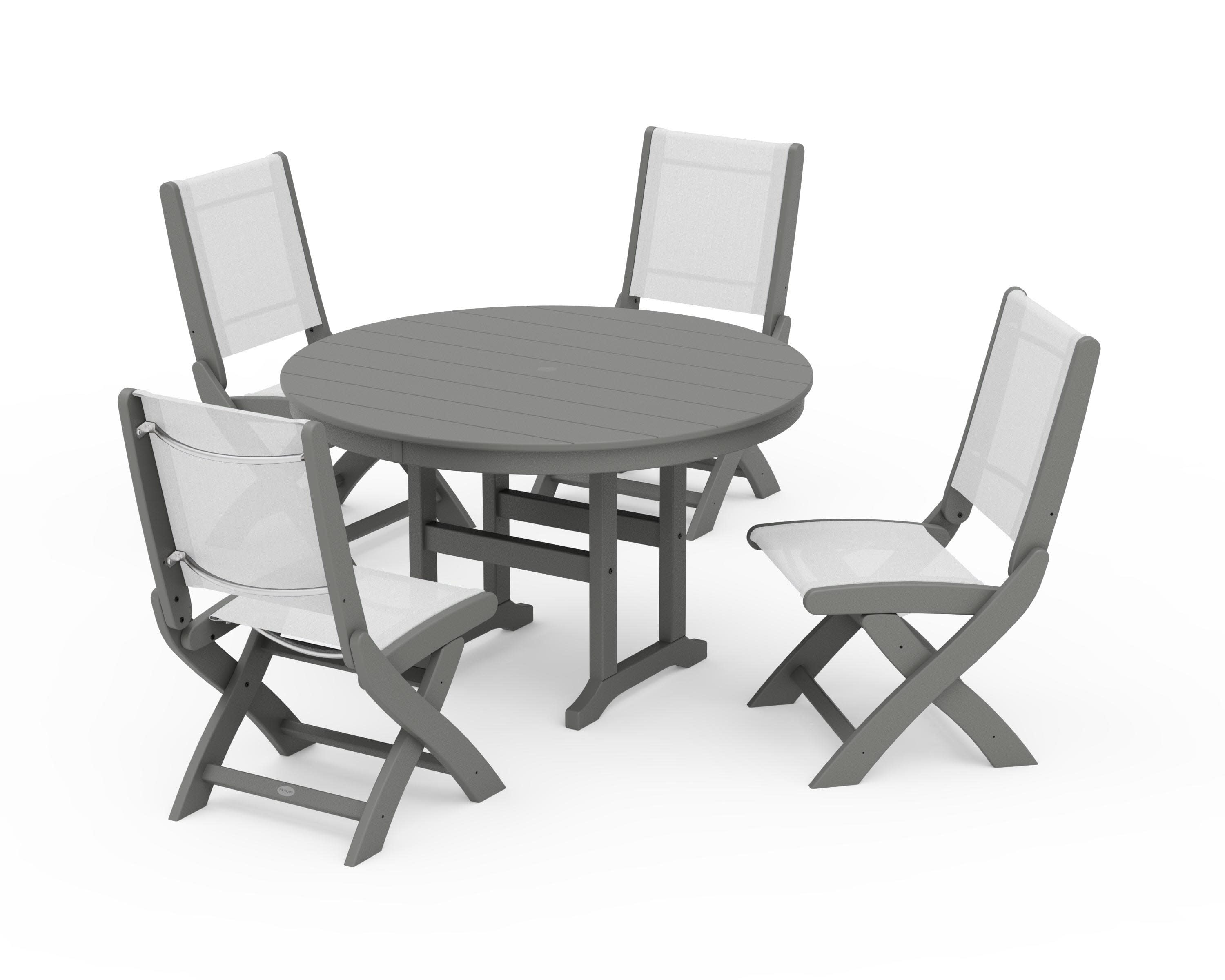 Coastal Folding Side Chair 5-Piece Round Dining Set in Slate Grey / White Sling