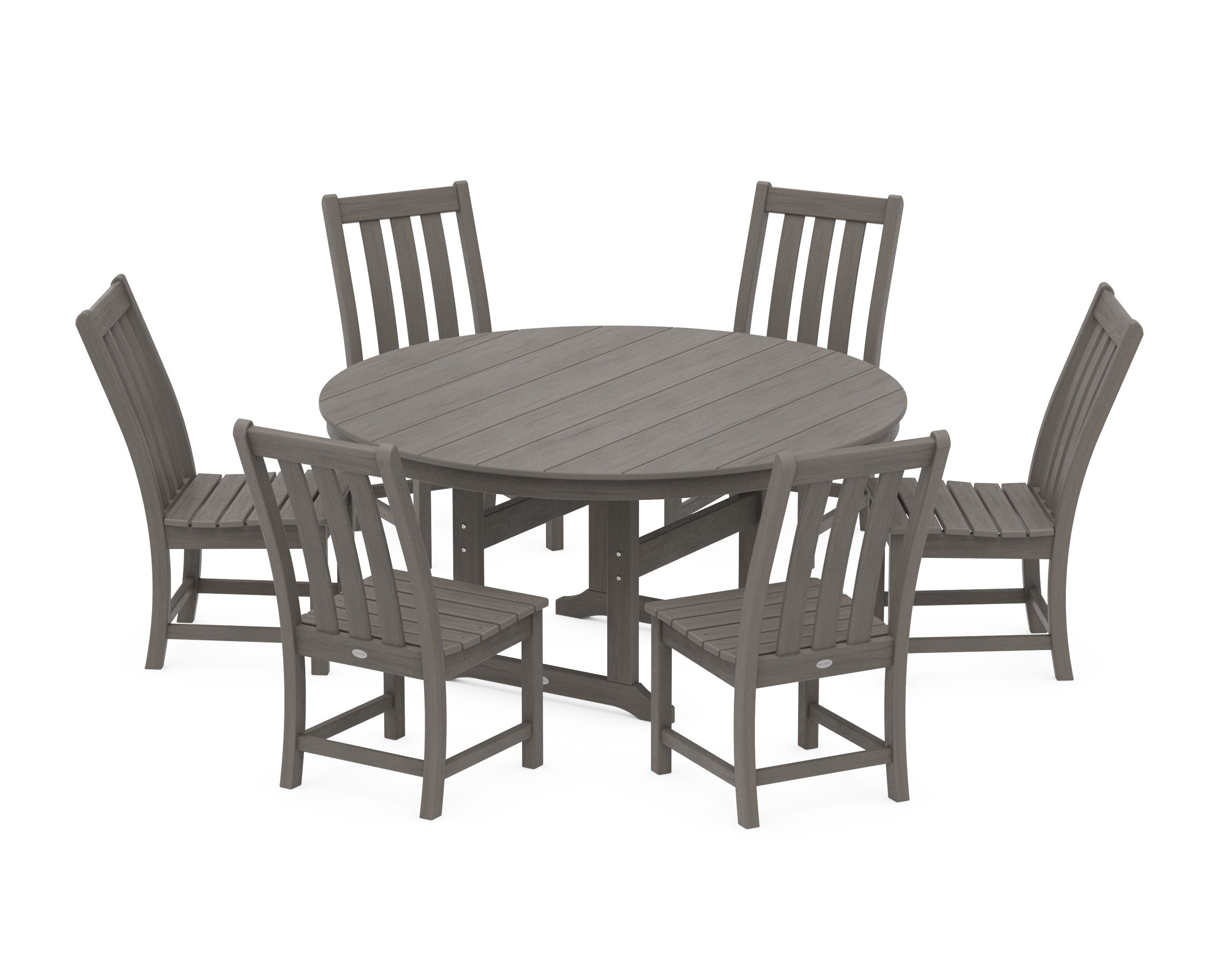 Vineyard 7-Piece Side Chair Round Farmhouse Dining Set in Driftwood