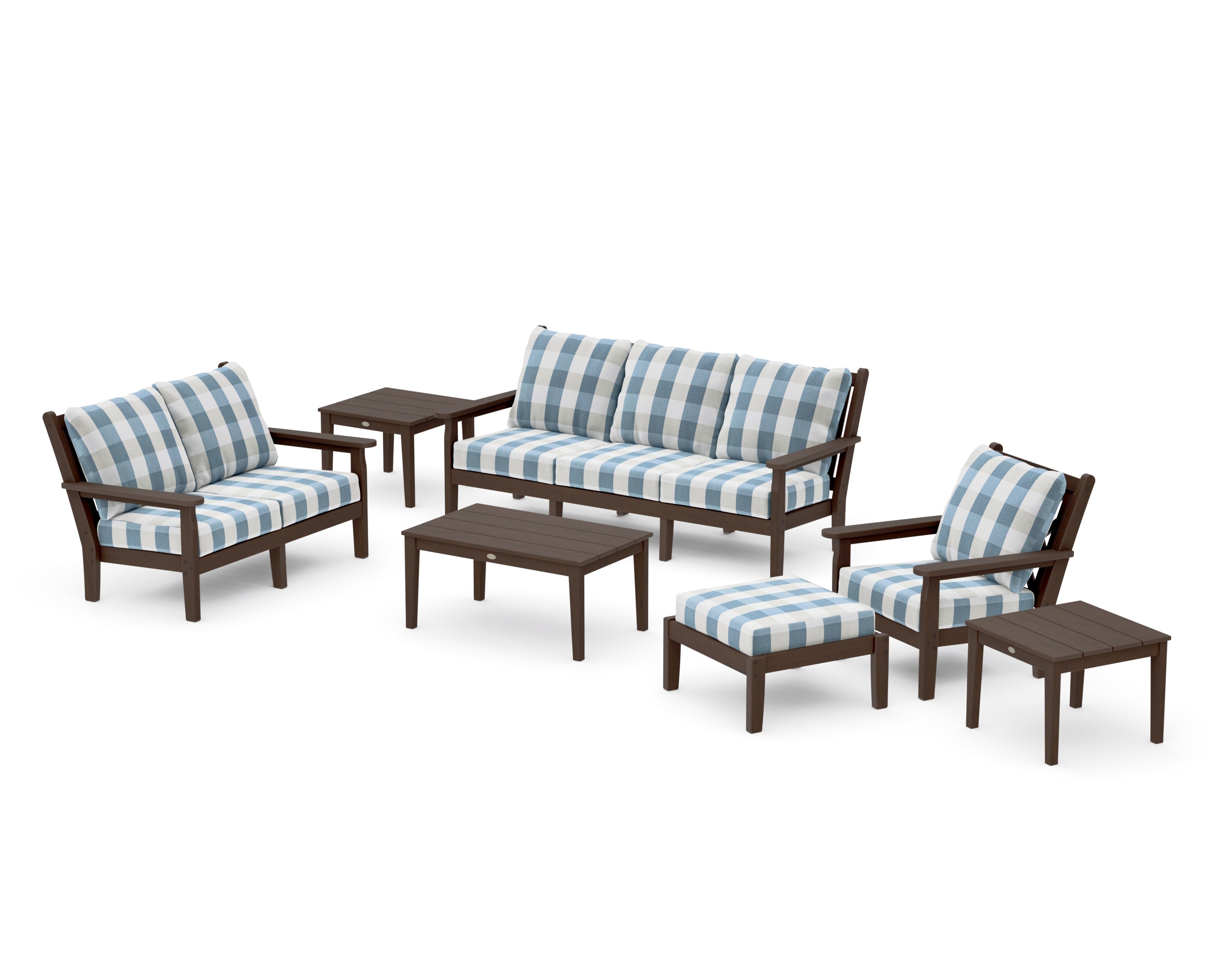Chippendale 7-Piece Deep Seating Set in Kona / Buffalo Plaid Sky Blue