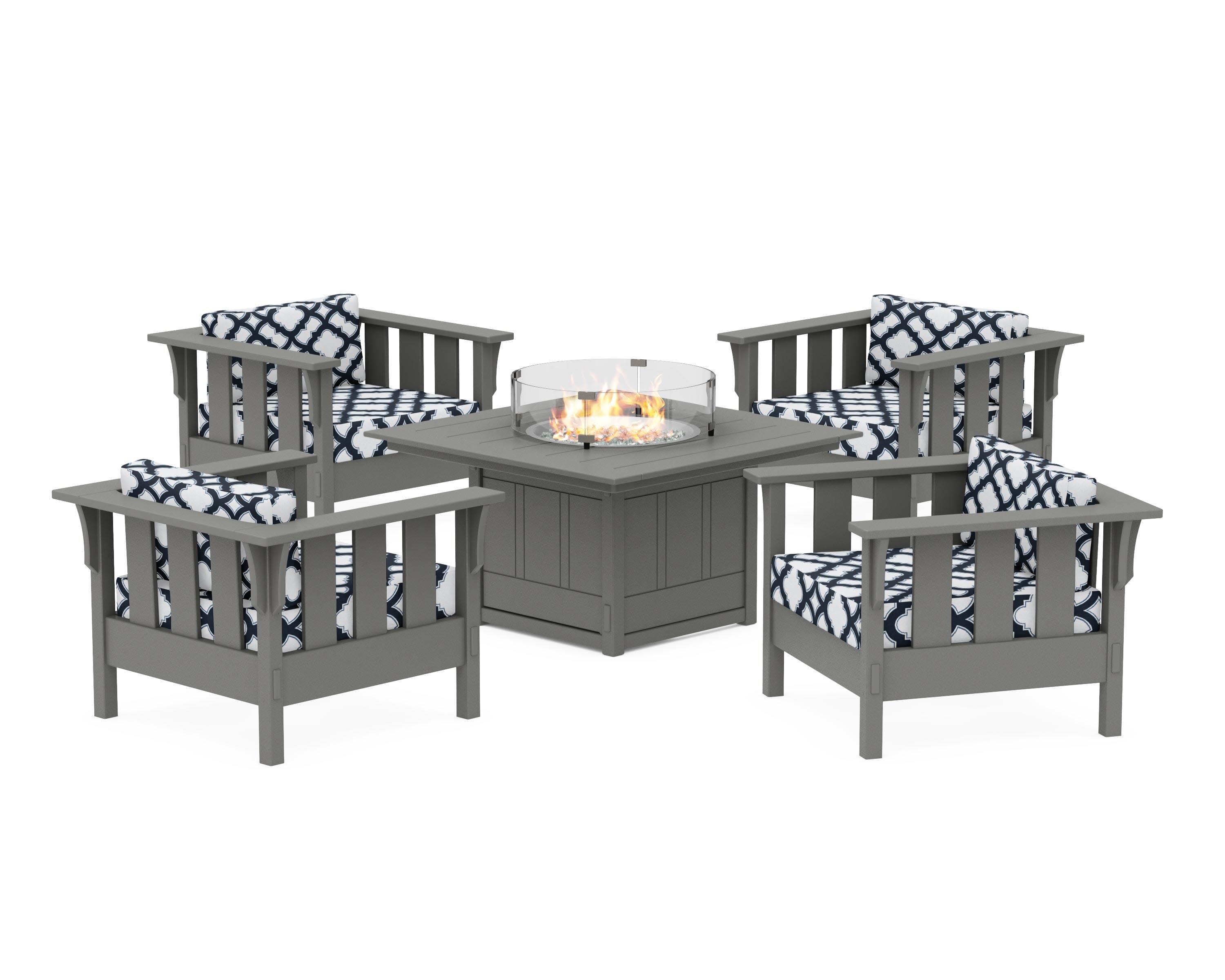 Acadia 5-Piece Deep Seating Set with Fire Pit Table in Slate Grey / Trellis Marine Indigo