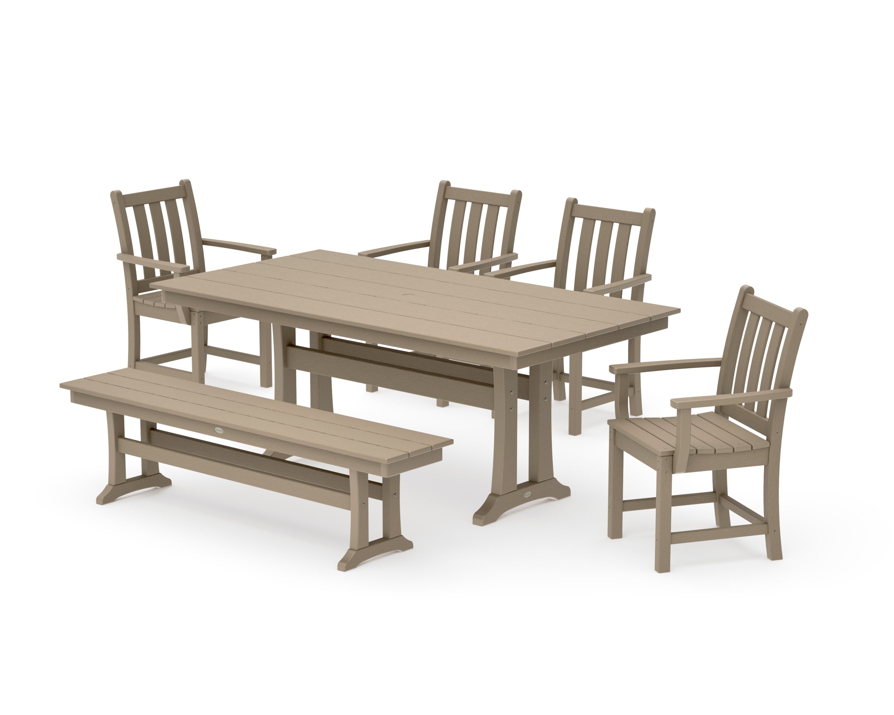 Traditional Garden Arm Chair 6-Piece Farmhouse Dining Set with Trestle Legs and Bench in Vintage Sahara