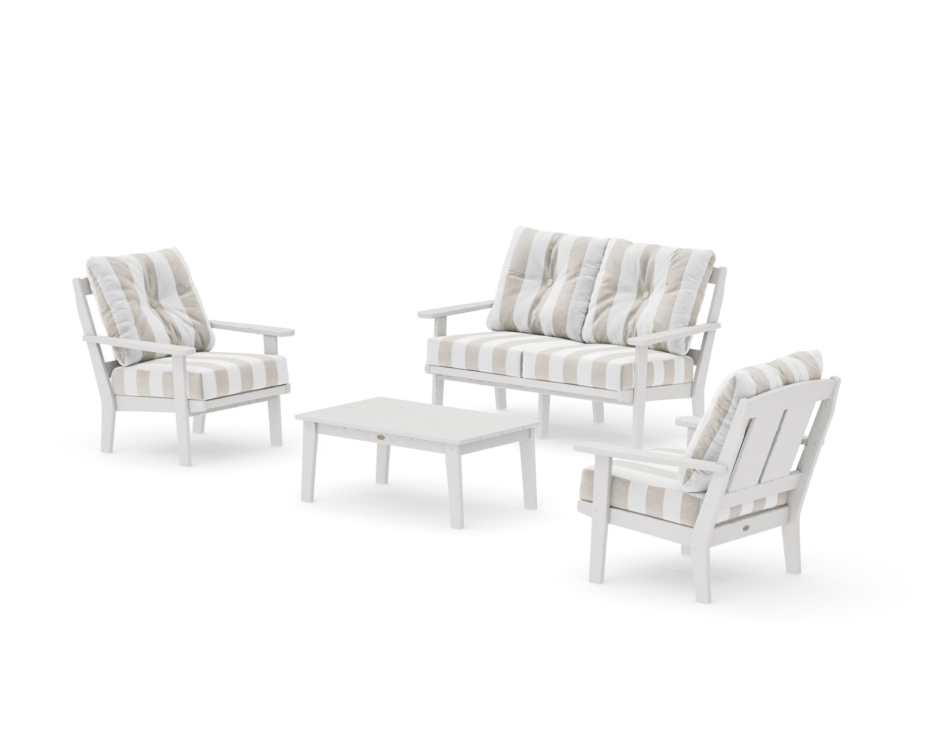Mission 4-Piece Deep Seating Set with Loveseat in Vintage White / Cabana Stripe Dune Burlap