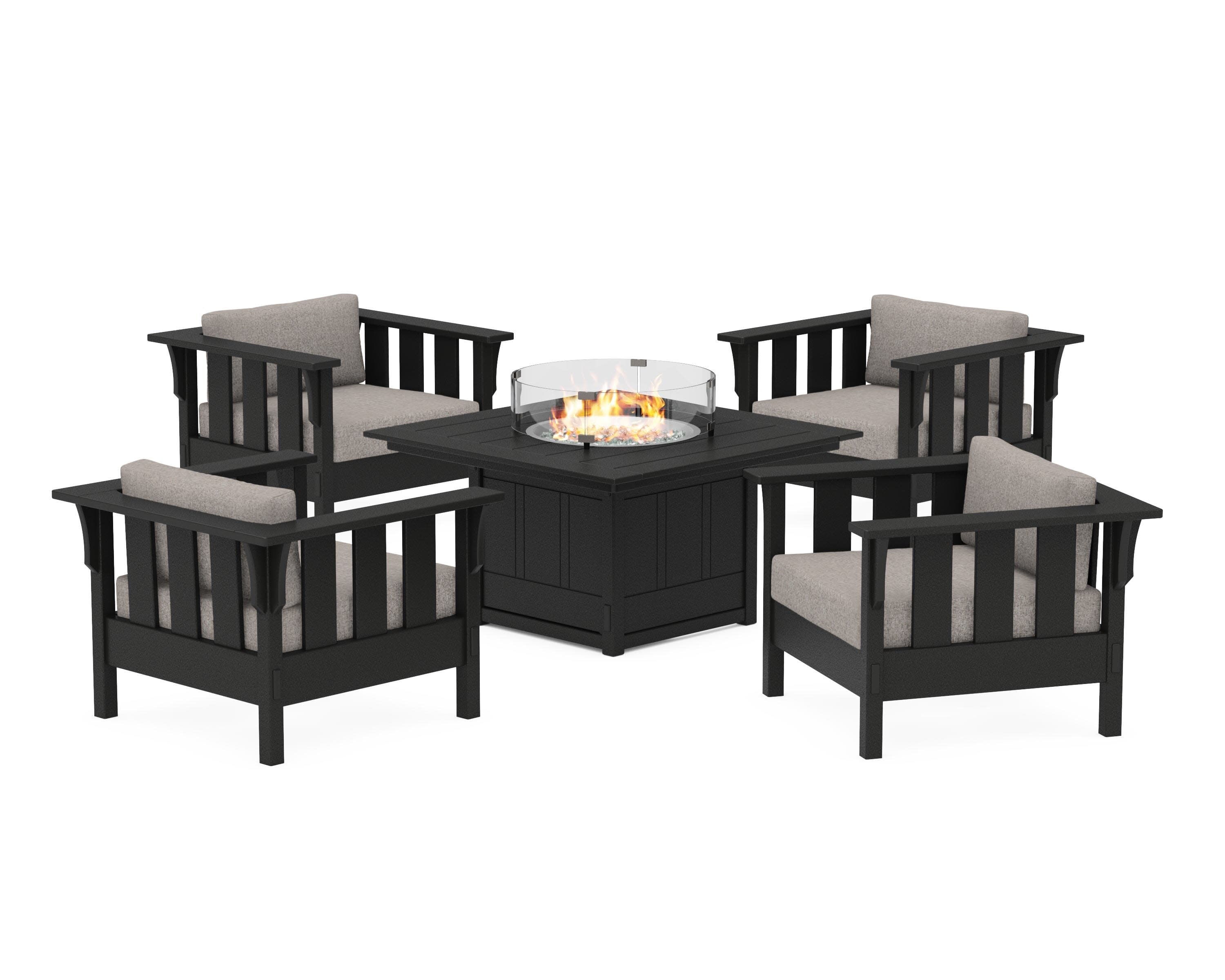 Acadia 5-Piece Deep Seating Set with Fire Pit Table in Black / Weathered Tweed
