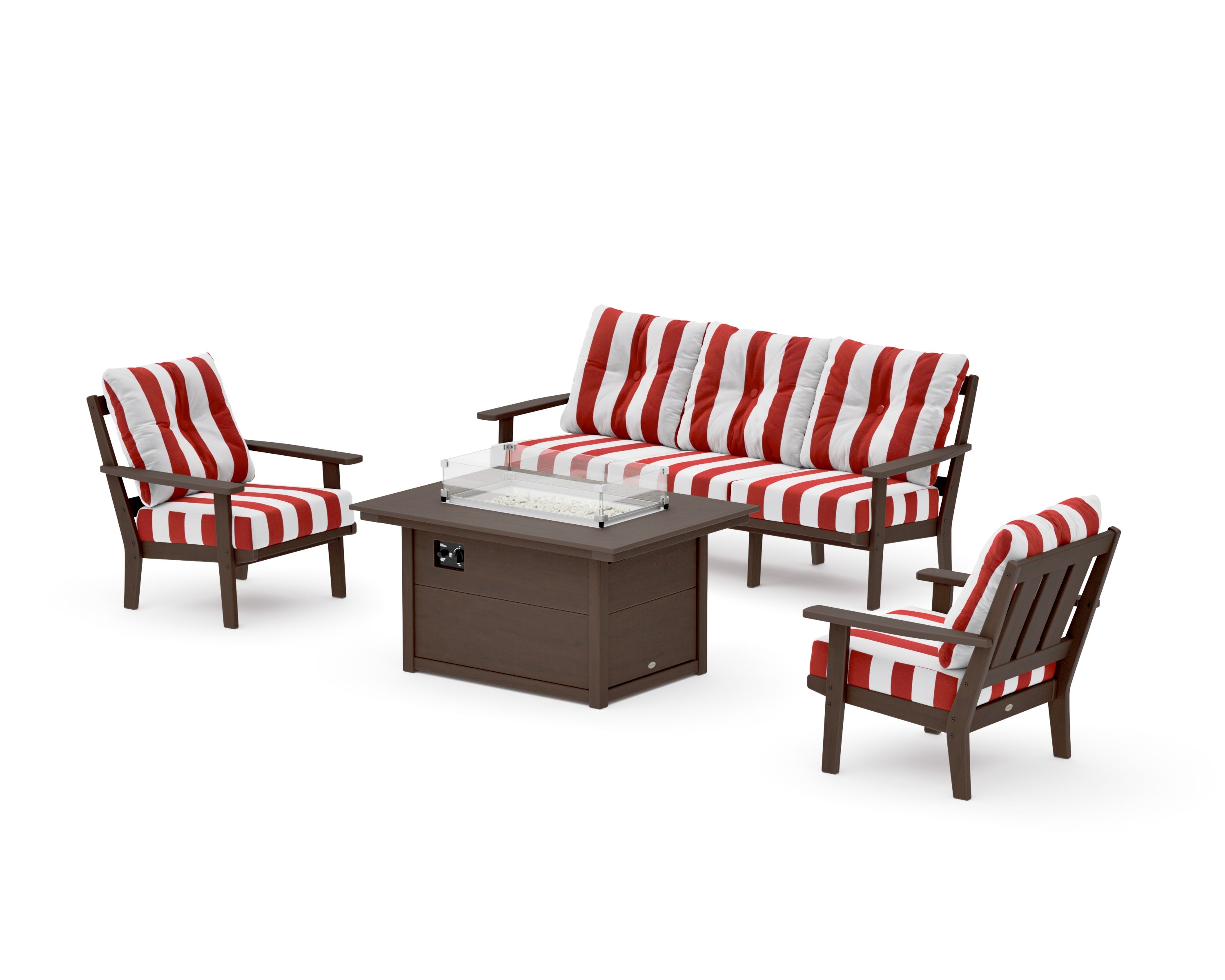 Oxford Deep Seating Fire Pit Table Set in Kona / Cabana Stripe Crimson