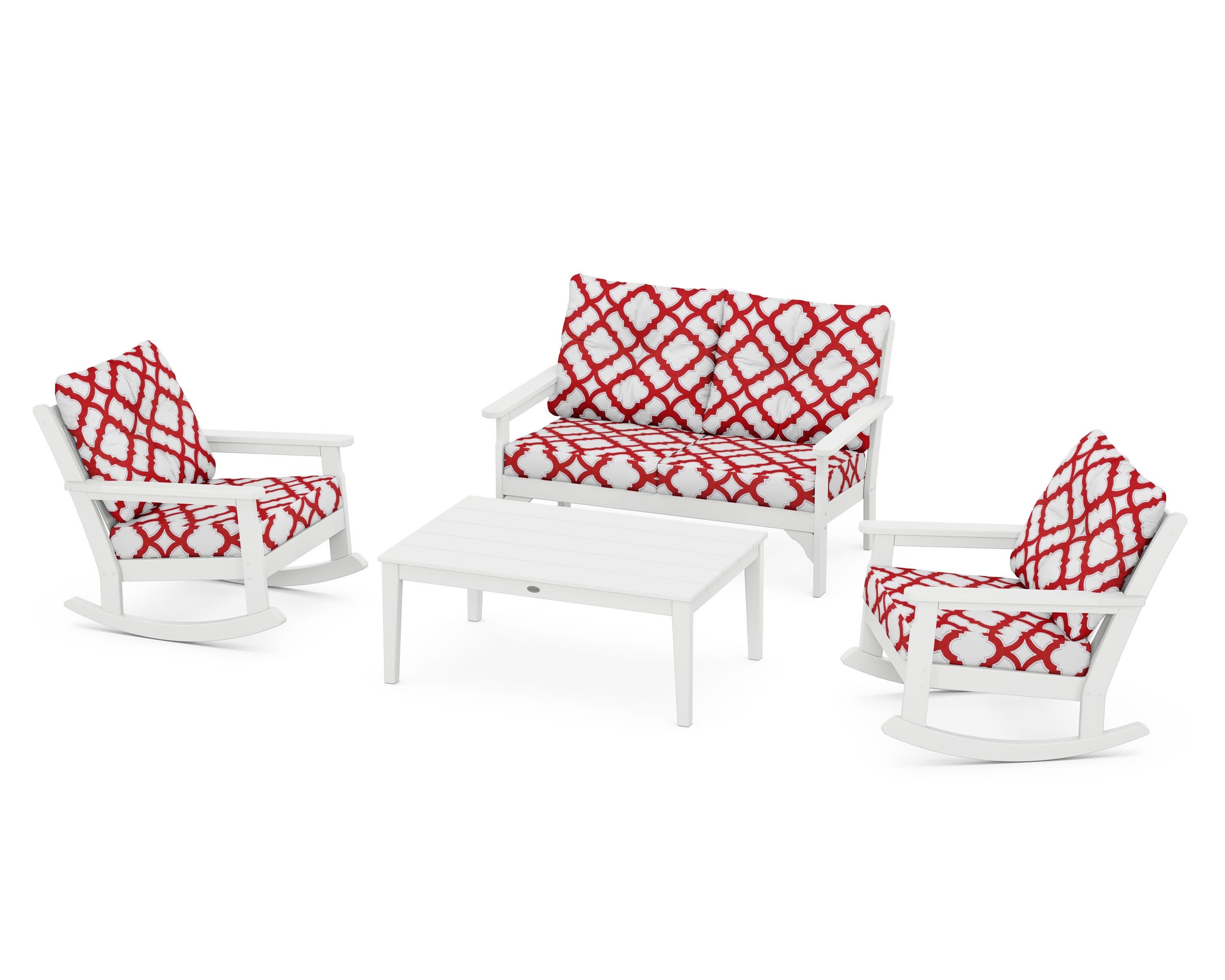 Vineyard 4-Piece Deep Seating Rocking Chair Set in White / Trellis Crimson