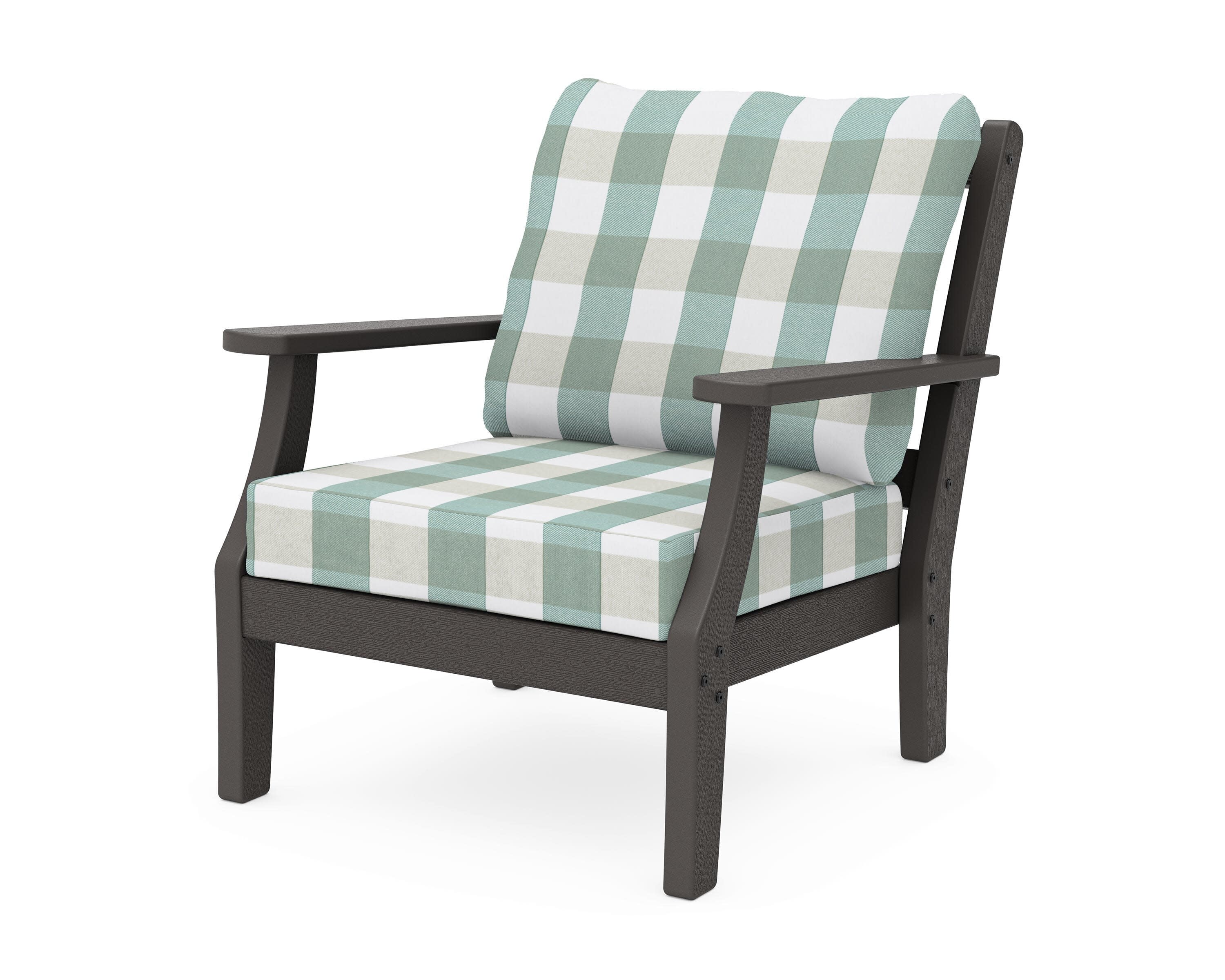 Chinoiserie Deep Seating Chair in Vintage Coffee / Buffalo Plaid Glacier Spa