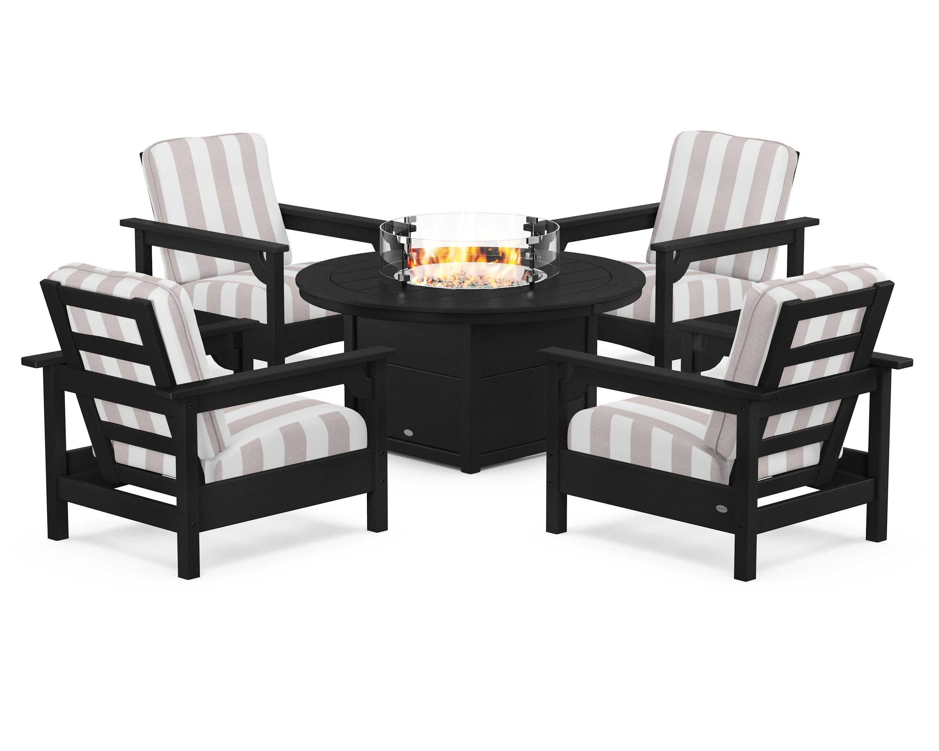 Club 5-Piece Conversation Set with Fire Pit Table in Black / Cabana Stripe Dune Burlap