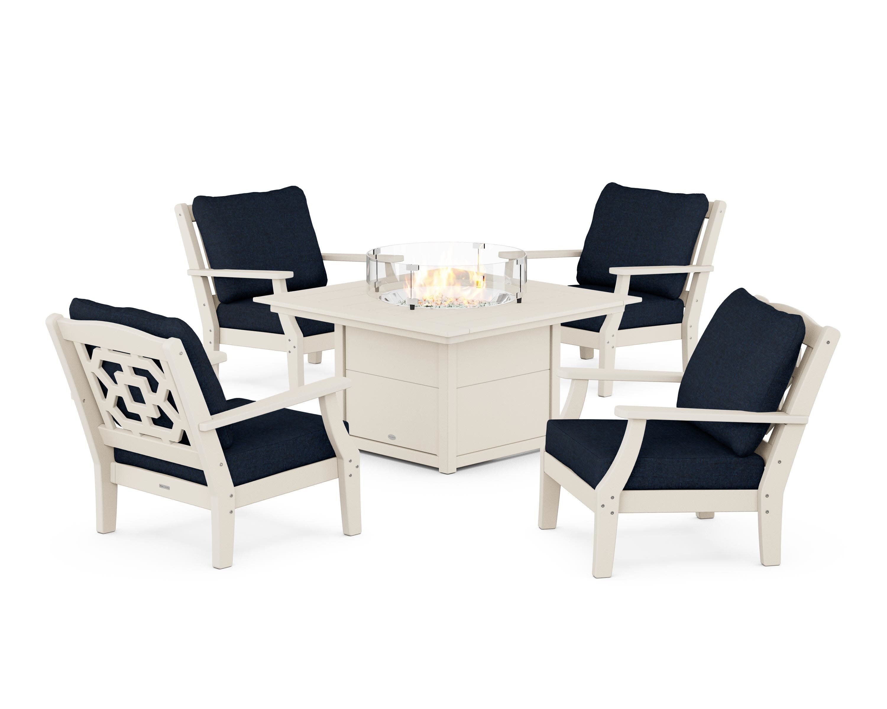 Chinoiserie 5-Piece Deep Seating Set with Fire Pit Table in Sand / Marine Indigo