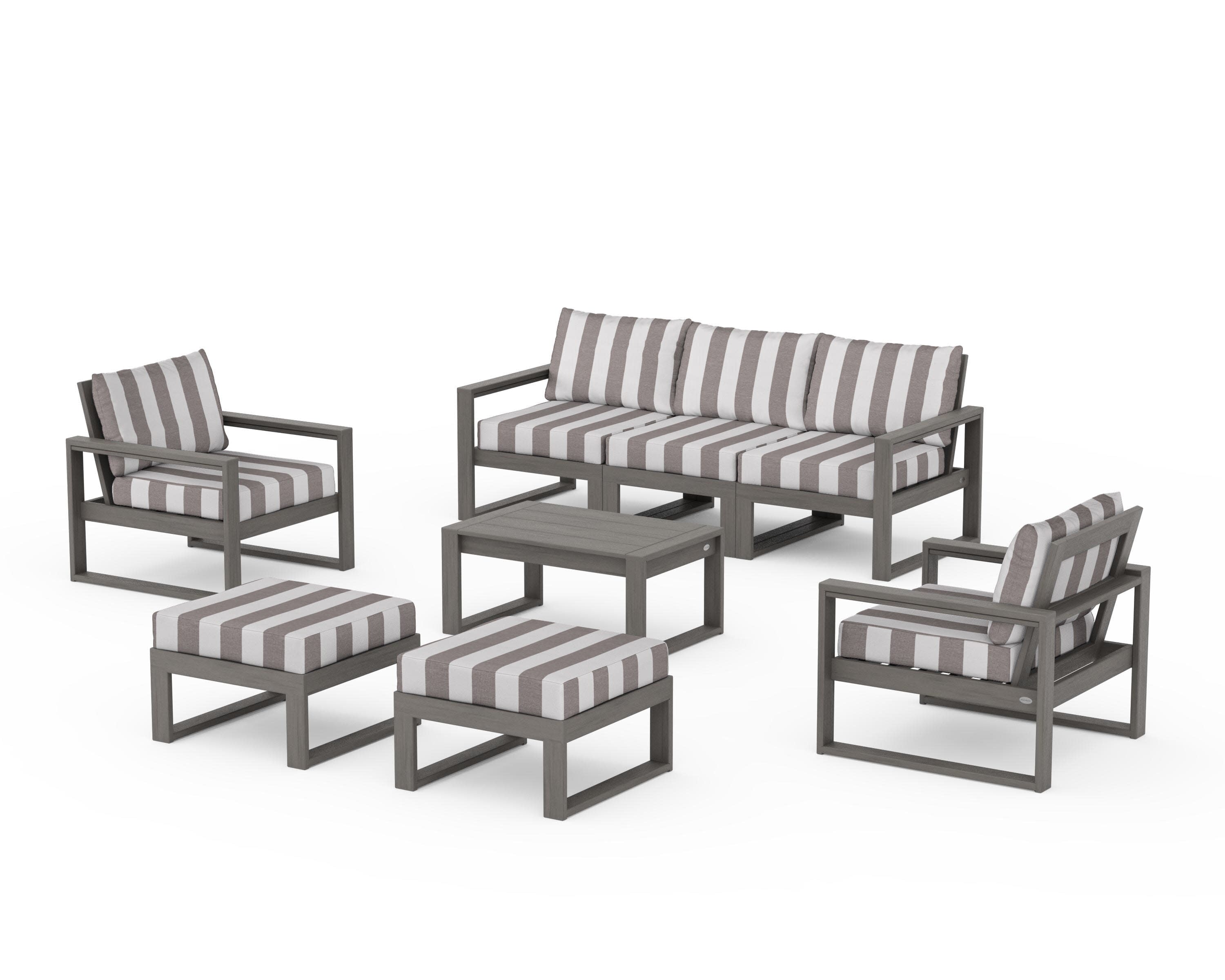 EDGE Sectional 8-Piece Lounge Sofa Set in Driftwood / Cabana Stripe Grey Mist