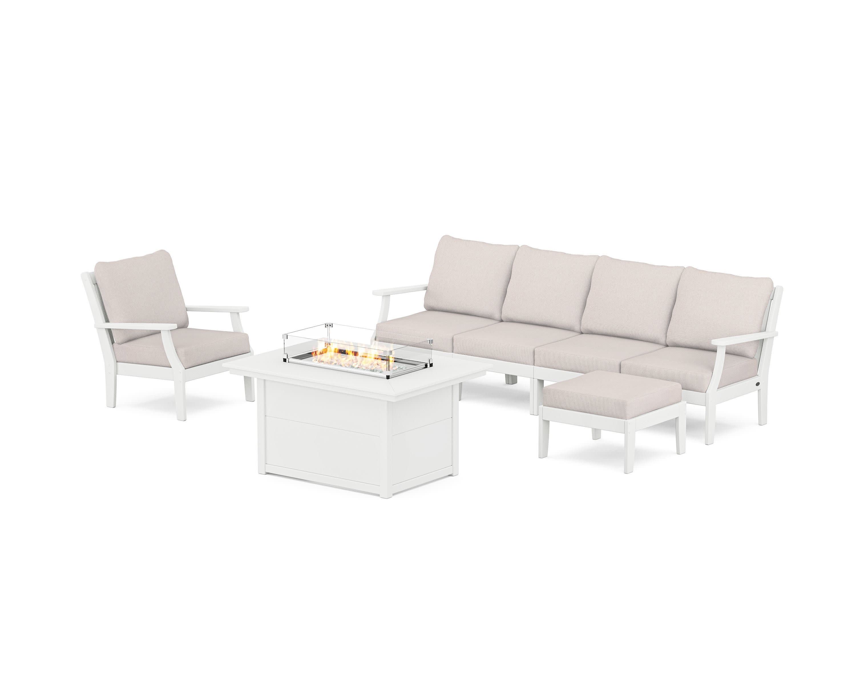 Braxton Sectional Lounge and Fire Pit Set in White / Dune Burlap