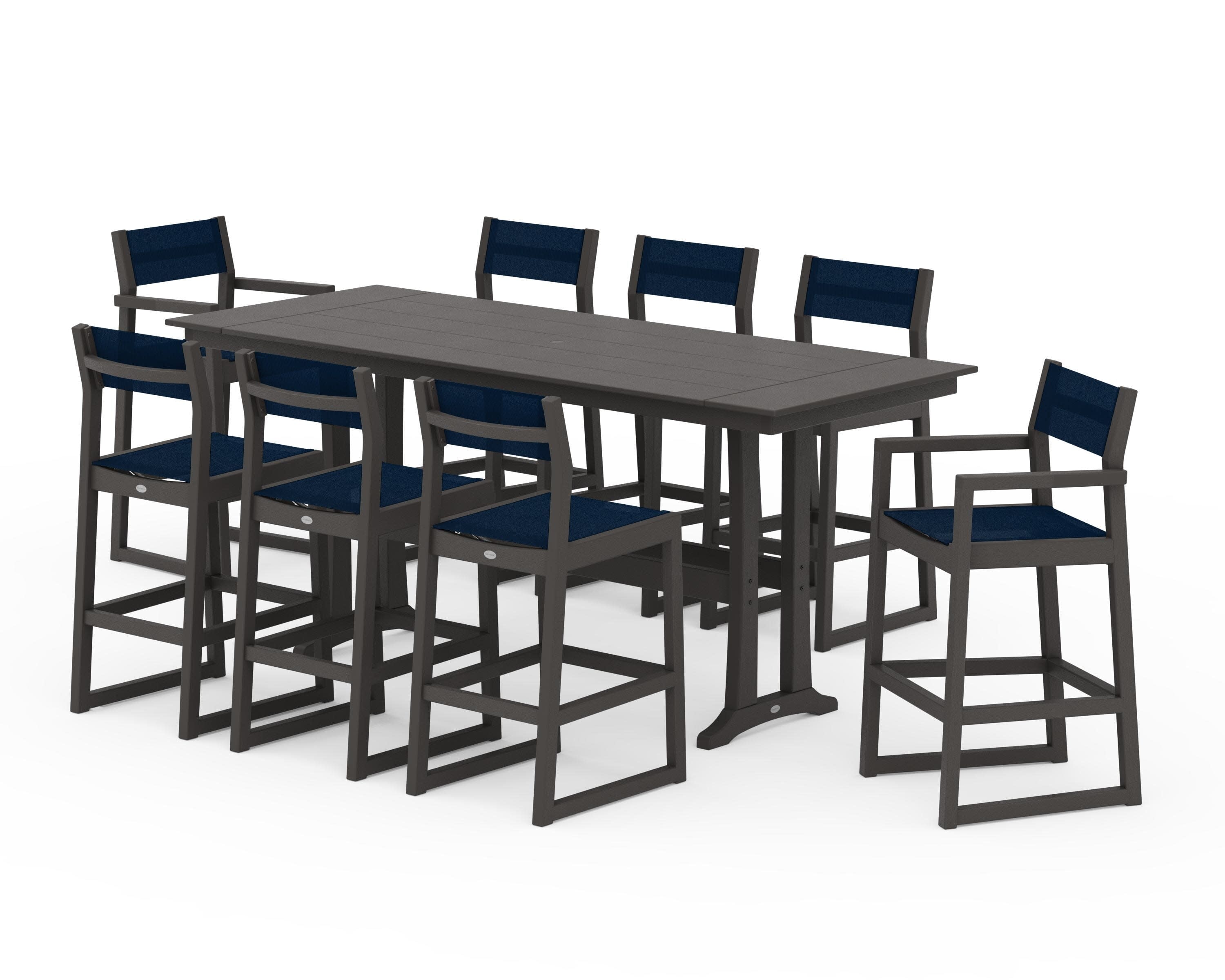 EDGE Sling 9-Piece Farmhouse Bar Set with Trestle Legs in Vintage Coffee / Navy Blue Sling