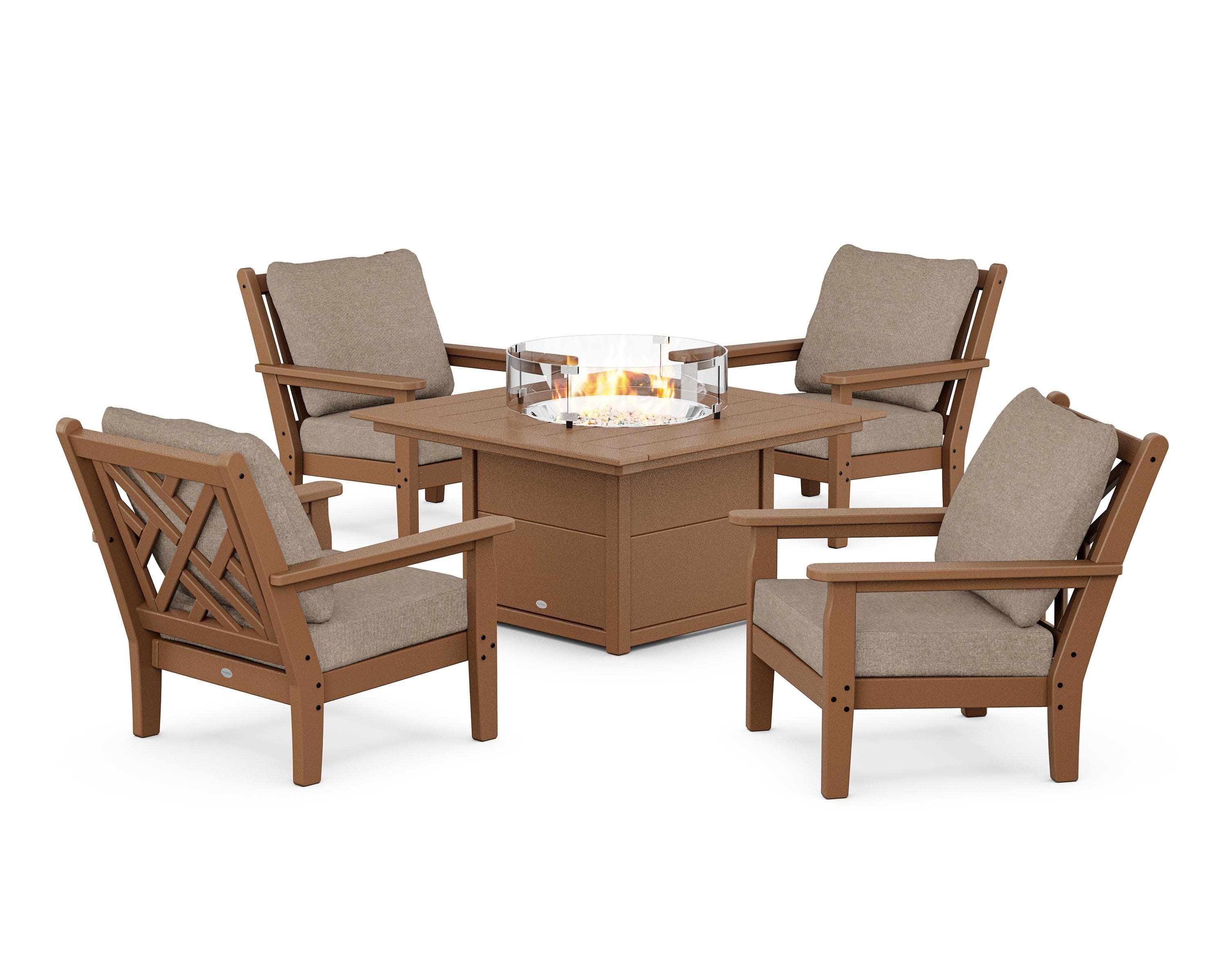 Chippendale 5-Piece Deep Seating Set with Fire Pit Table in Teak / Spiced Burlap