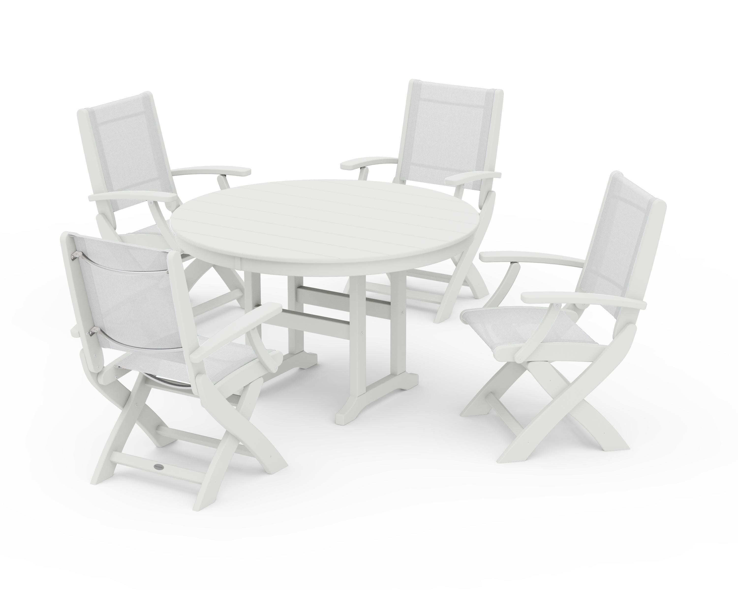 Coastal Folding Chair 5-Piece Round Dining Set in Vintage White / White Sling