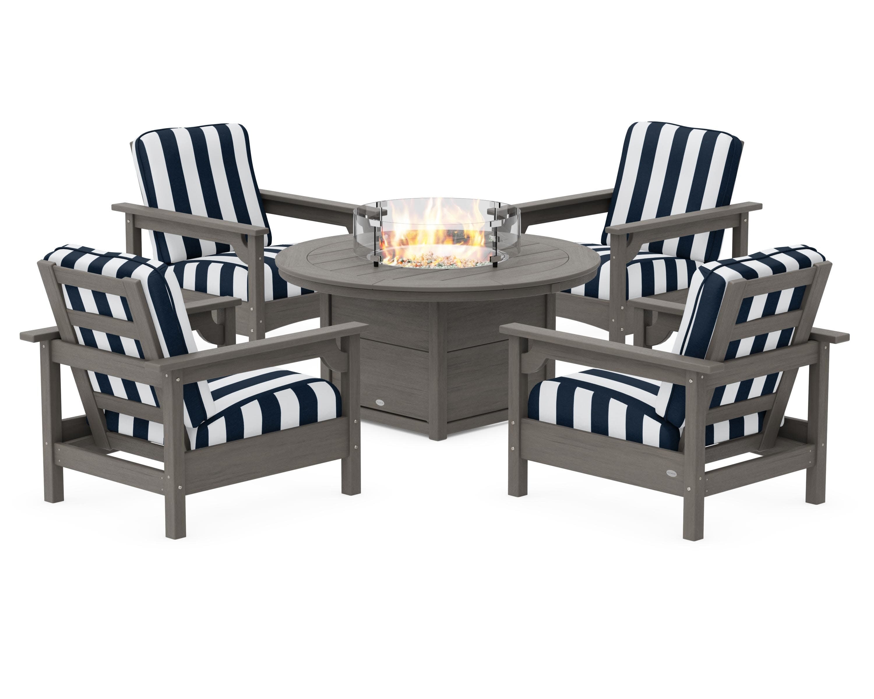 Club 5-Piece Conversation Set with Fire Pit Table in Driftwood / Cabana Stripe Marine Indigo
