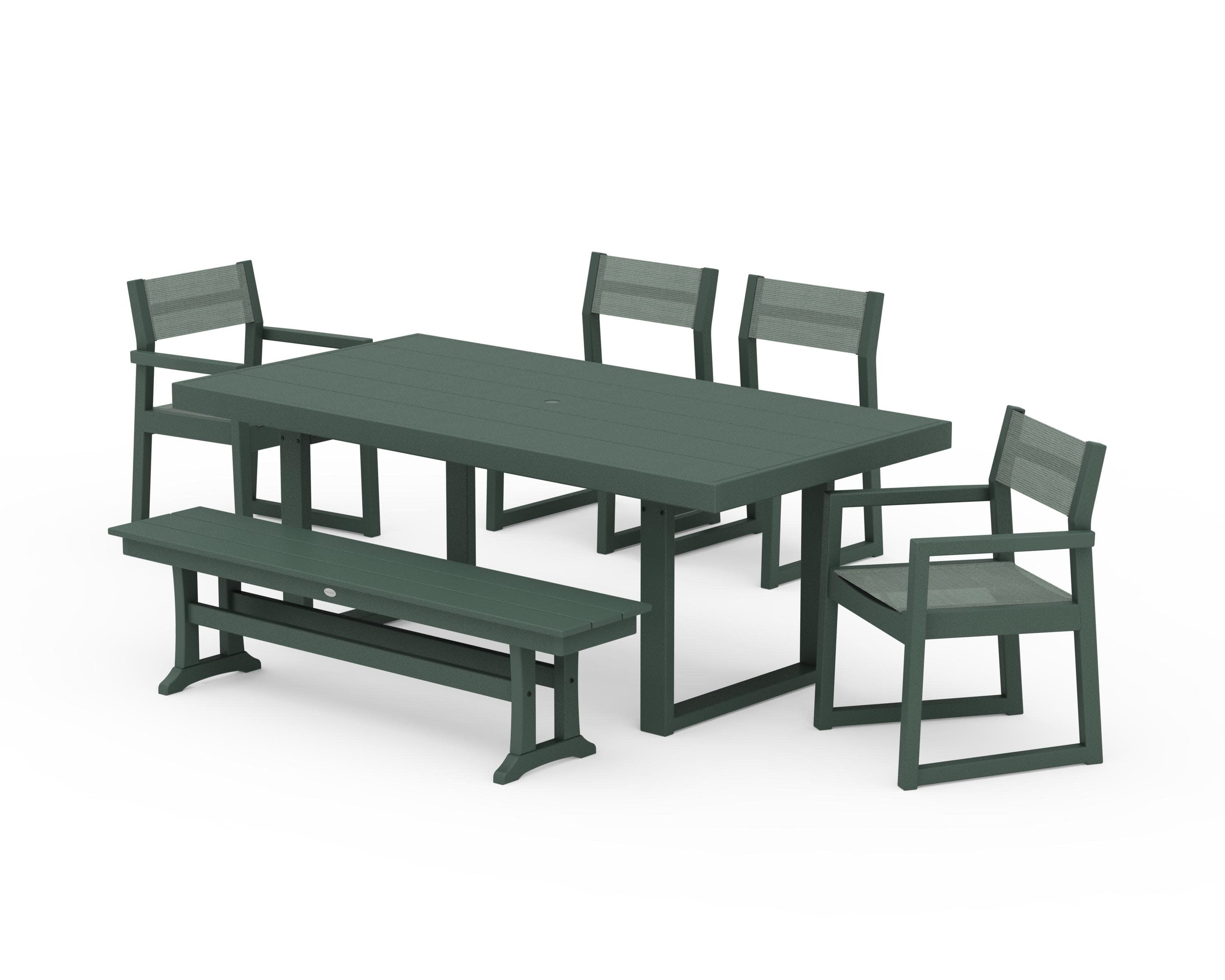 EDGE Sling 6-Piece Dining Set with Bench in Green / Dupioni Sea Mist Sling