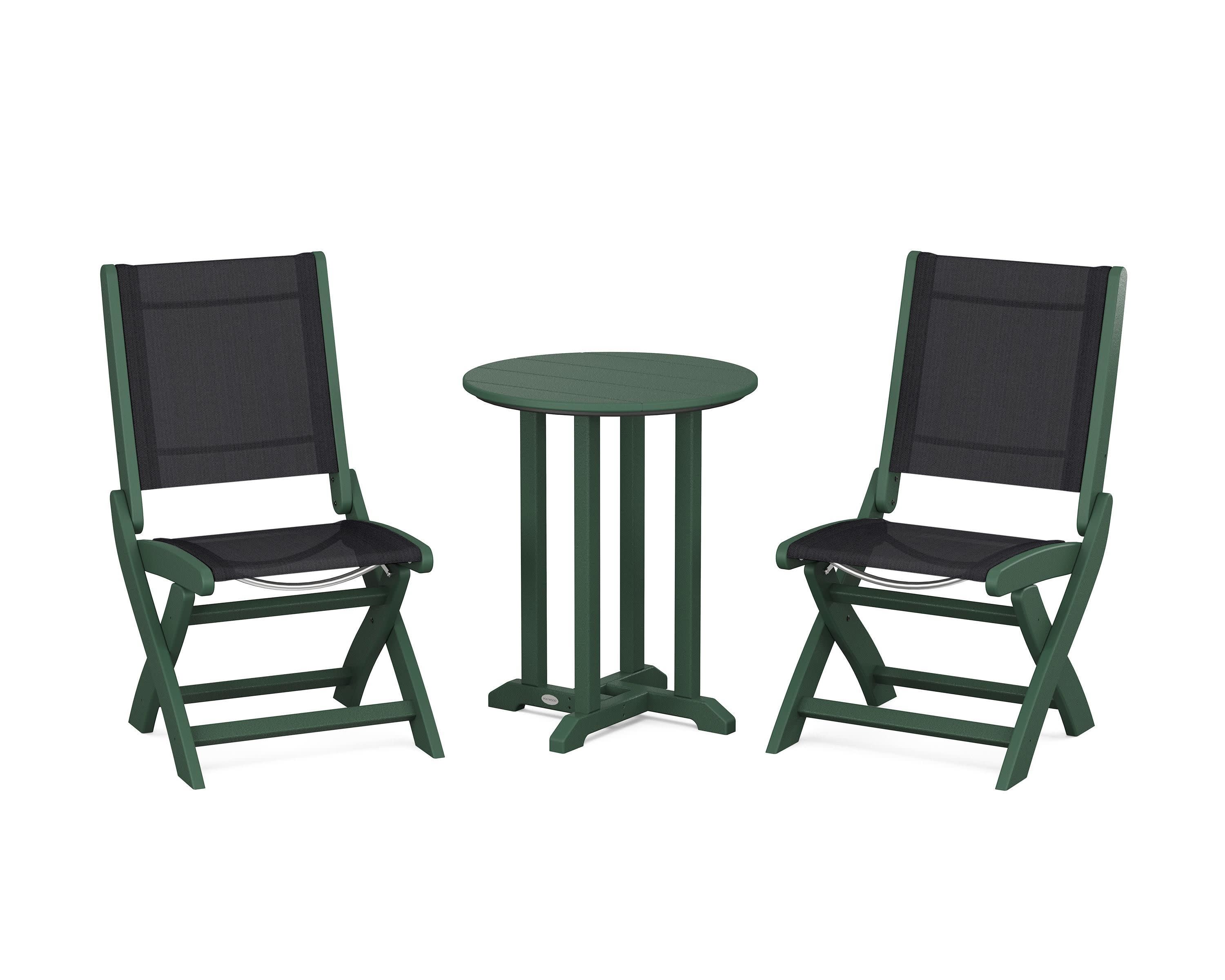 Coastal Folding Side Chair 3-Piece Round Bistro Dining Set in Green / Black Sling