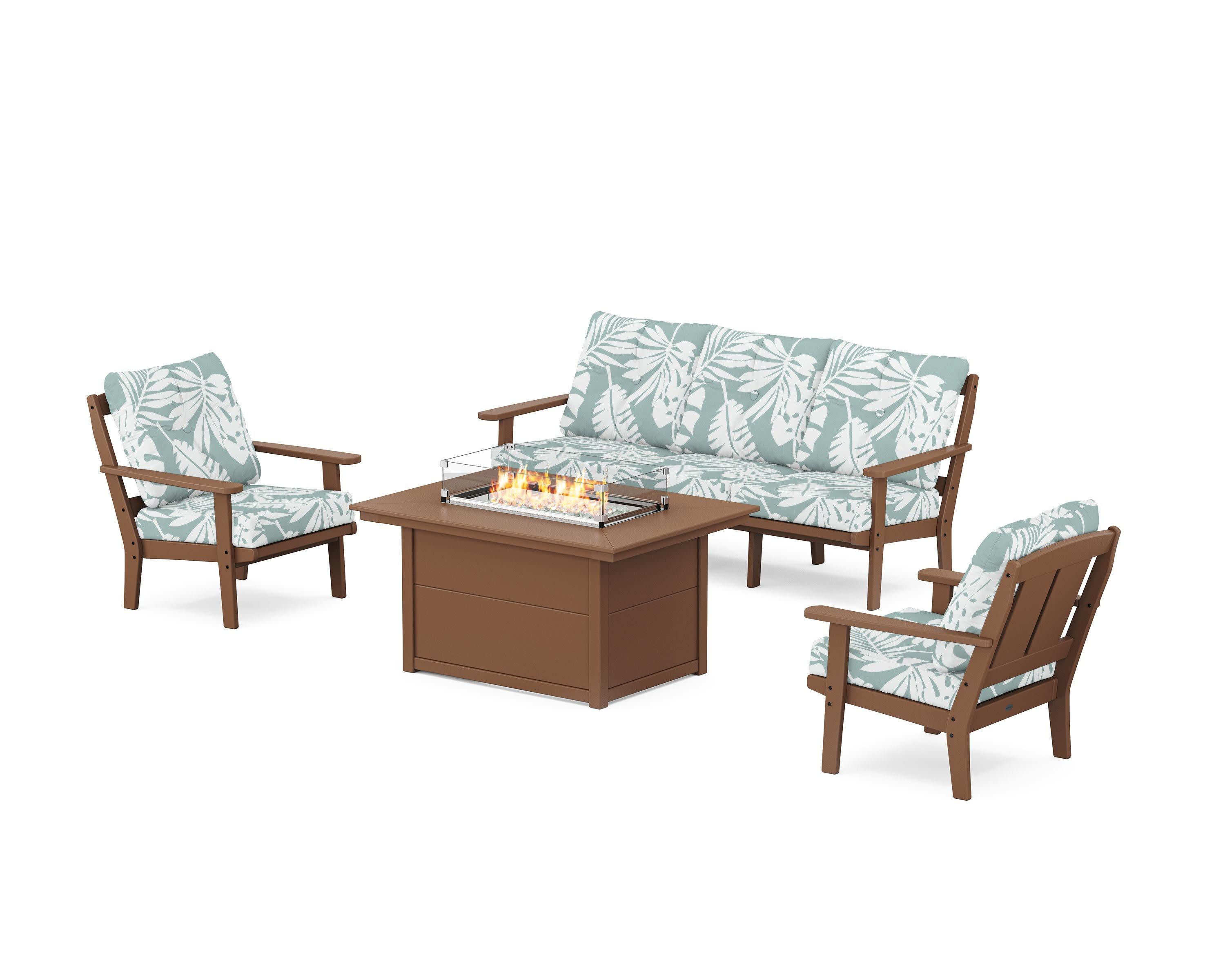 Mission Deep Seating Fire Pit Table Set in Teak / Leaf Glacier Spa