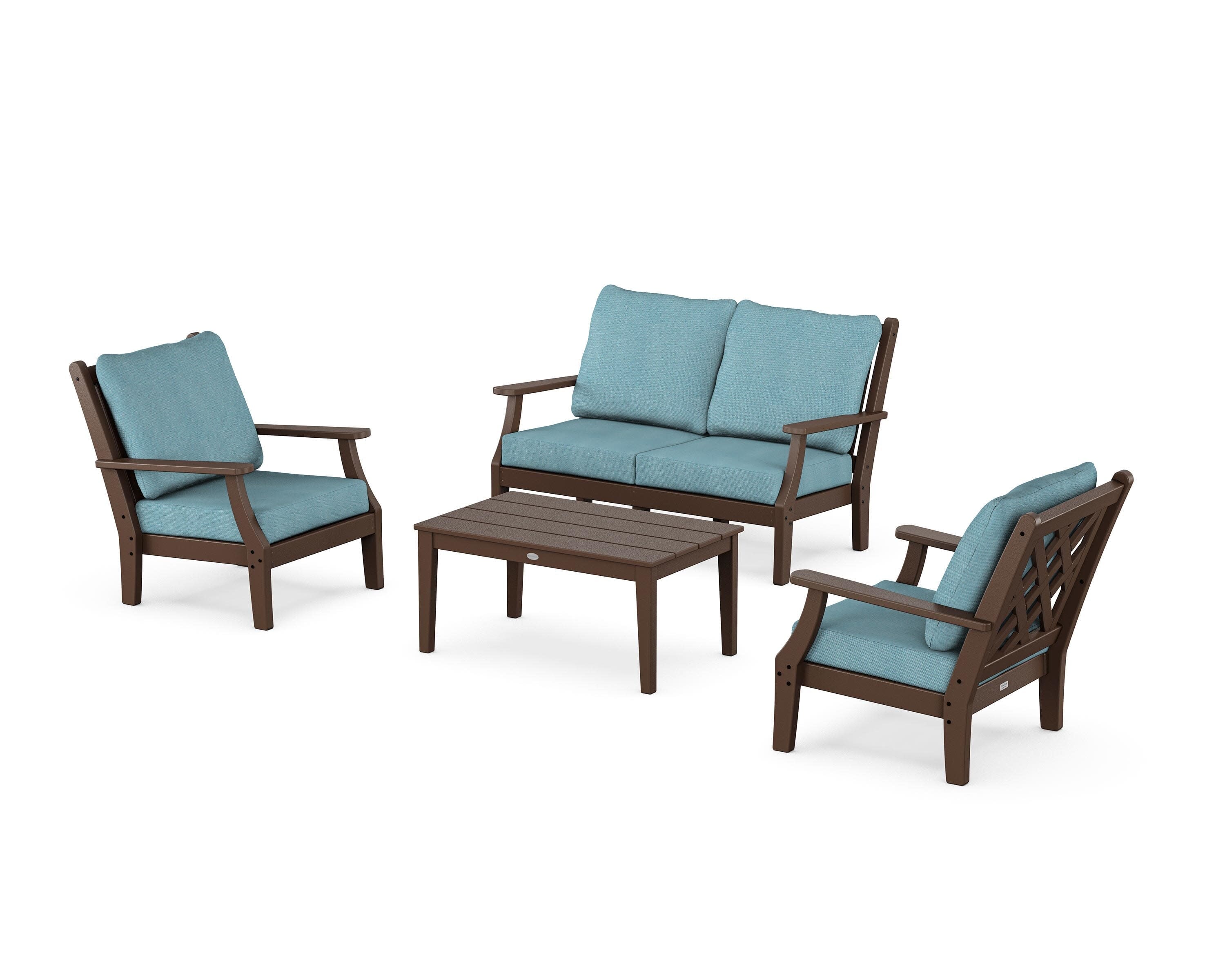 Wovendale 4-Piece Deep Seating Set with Loveseat in Mahogany / Lattice Sky Blue