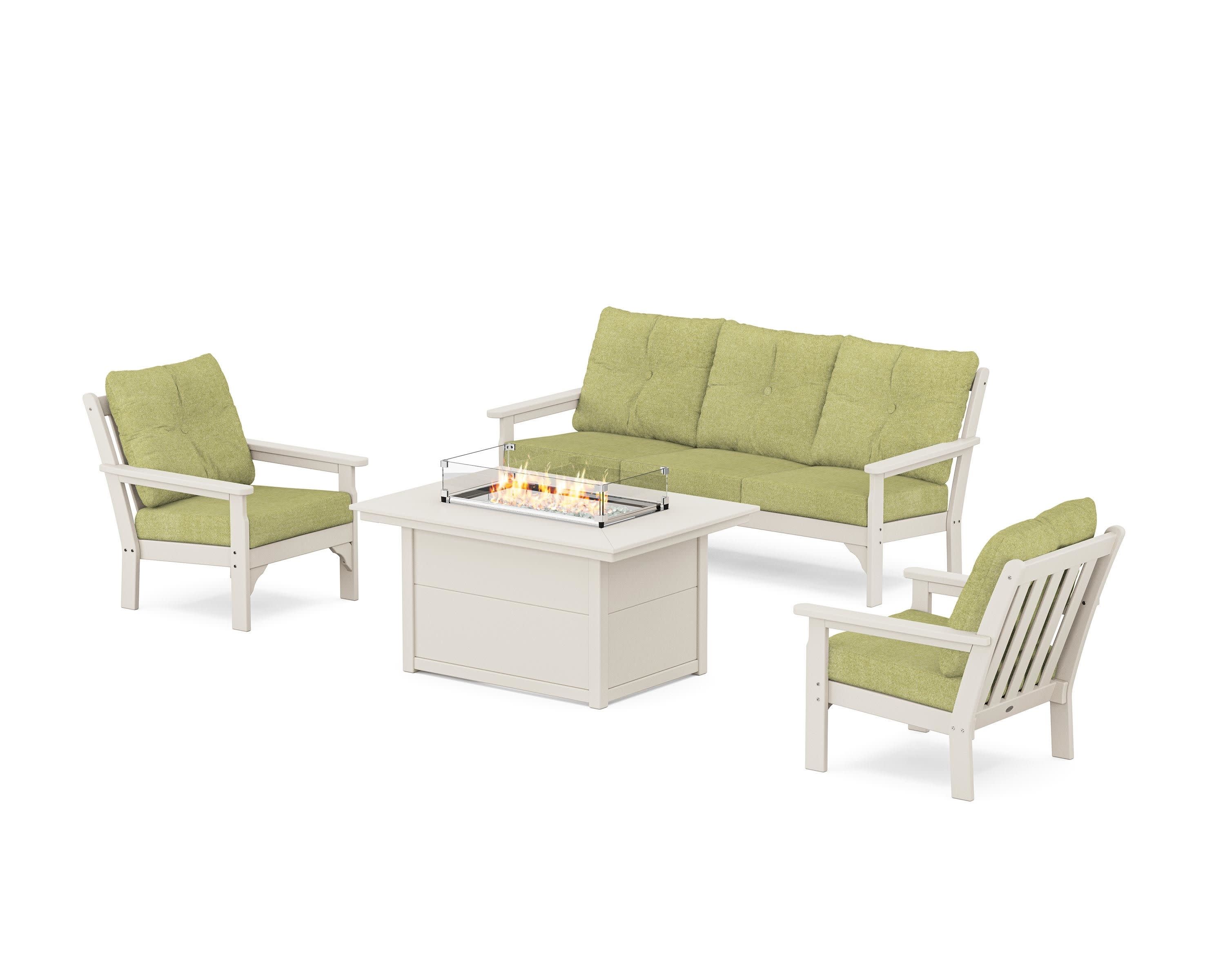 Vineyard Deep Seating Fire Pit Table Set in Sand / Chartreuse Boucle