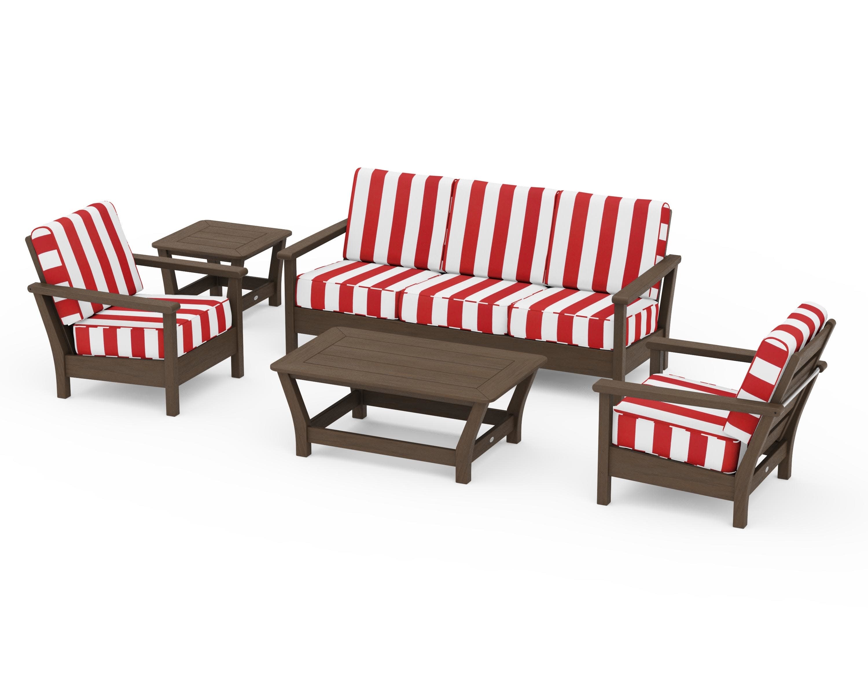 Harbour 5-Piece Deep Seating Set in Kona / Cabana Stripe Crimson