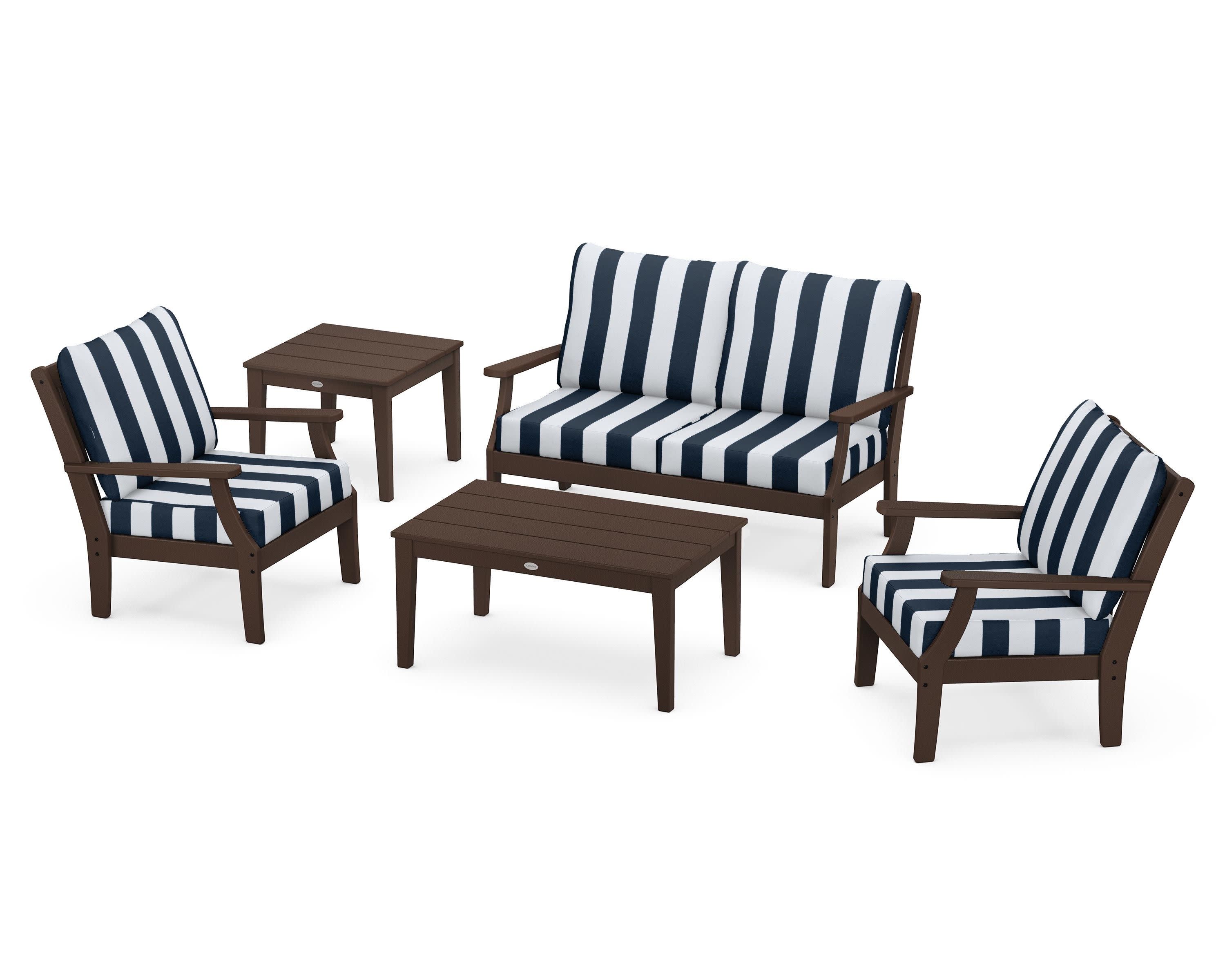 Braxton 5-Piece Deep Seating Set in Mahogany / Cabana Stripe Marine Indigo