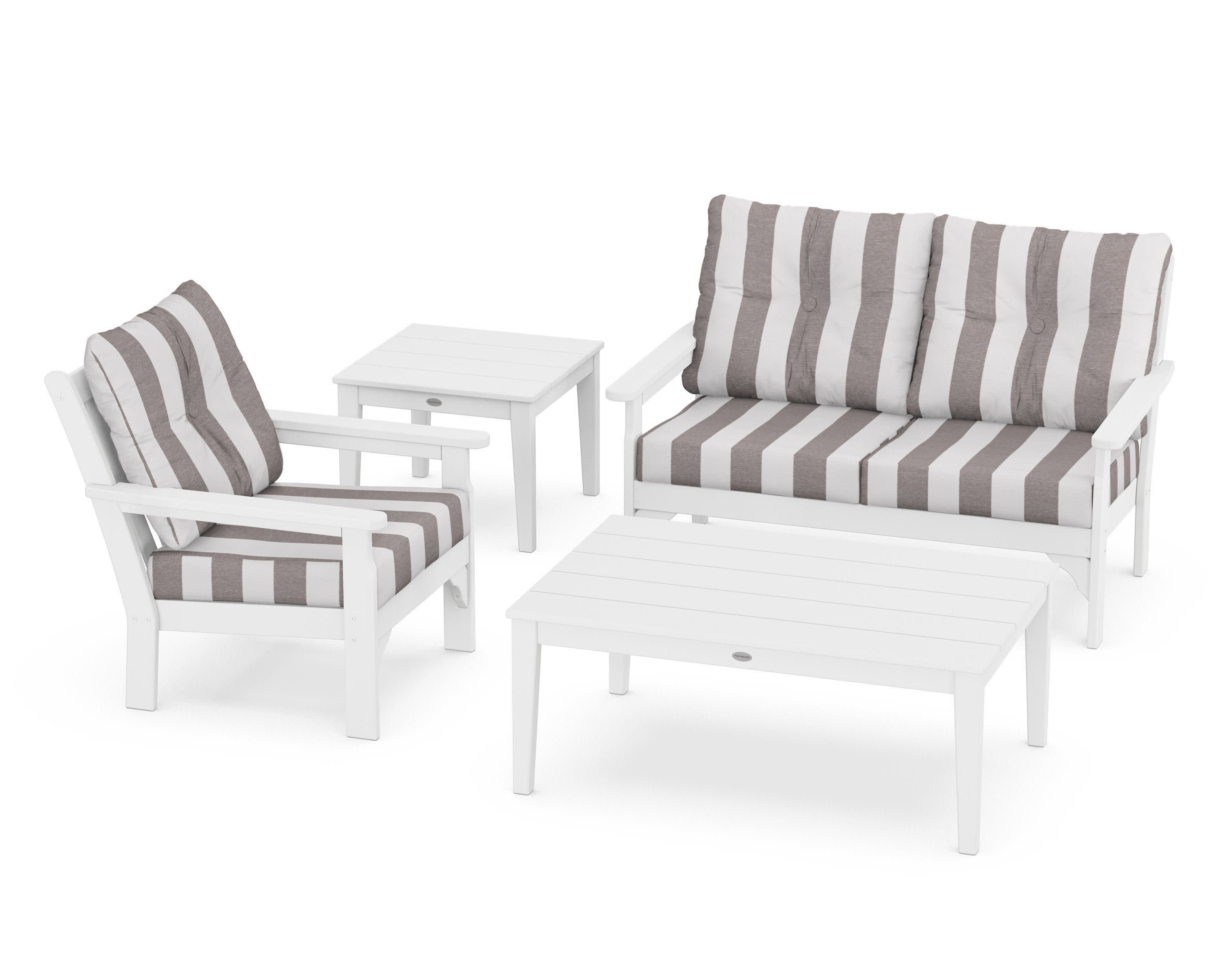 Vineyard 4-Piece Deep Seating Set in White / Cabana Stripe Grey Mist