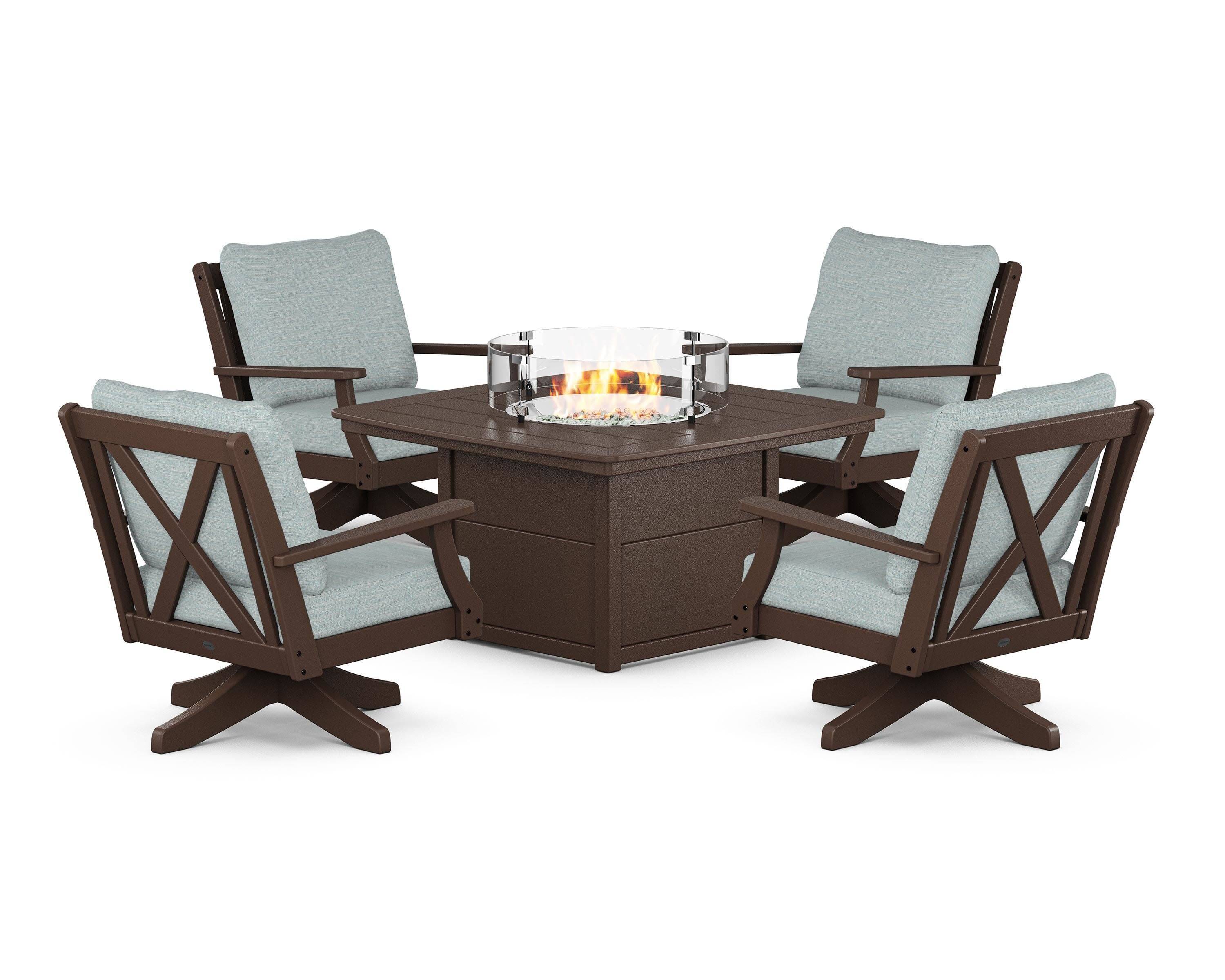 Braxton 5-Piece Deep Seating Swivel Conversation Set with Fire Pit Table in Mahogany / Soothe Mist
