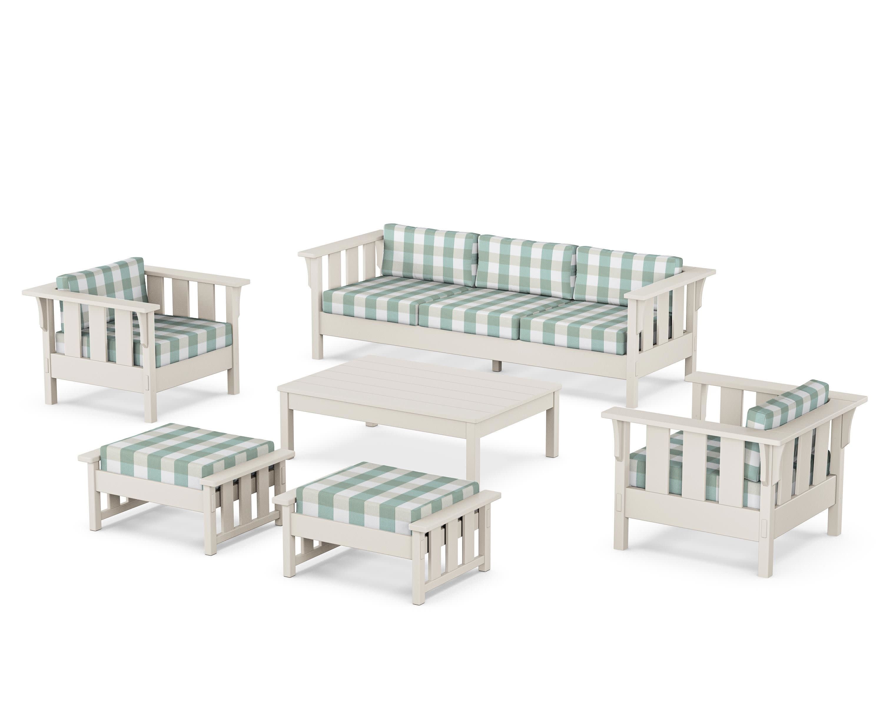 Acadia 6-Piece Lounge Sofa Set in Sand / Buffalo Plaid Glacier Spa