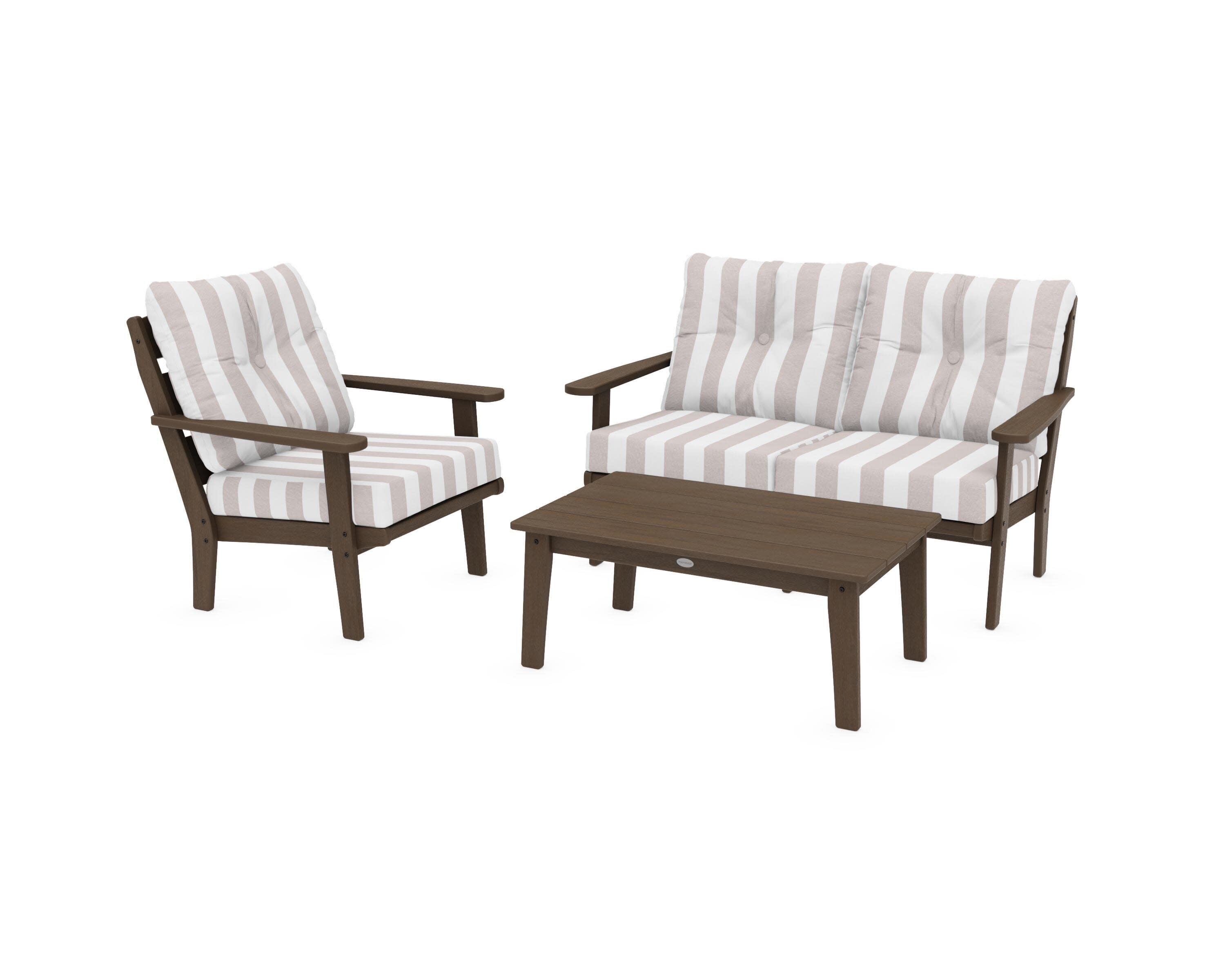 Lakeside 3-Piece Deep Seating Set in Kona / Cabana Stripe Dune Burlap