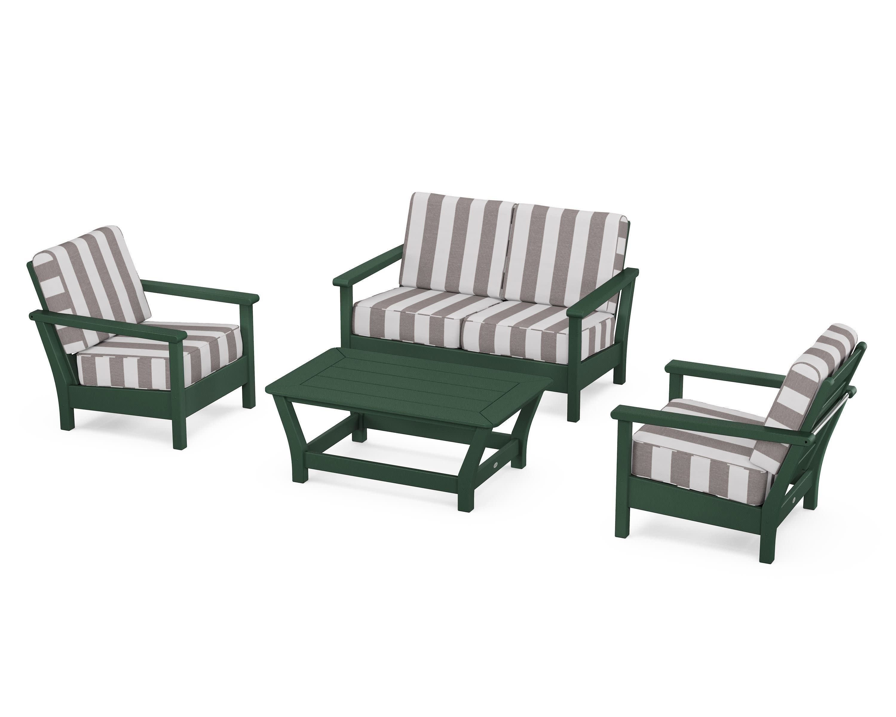 Harbour 4-Piece Deep Seating Set in Green / Cabana Stripe Grey Mist