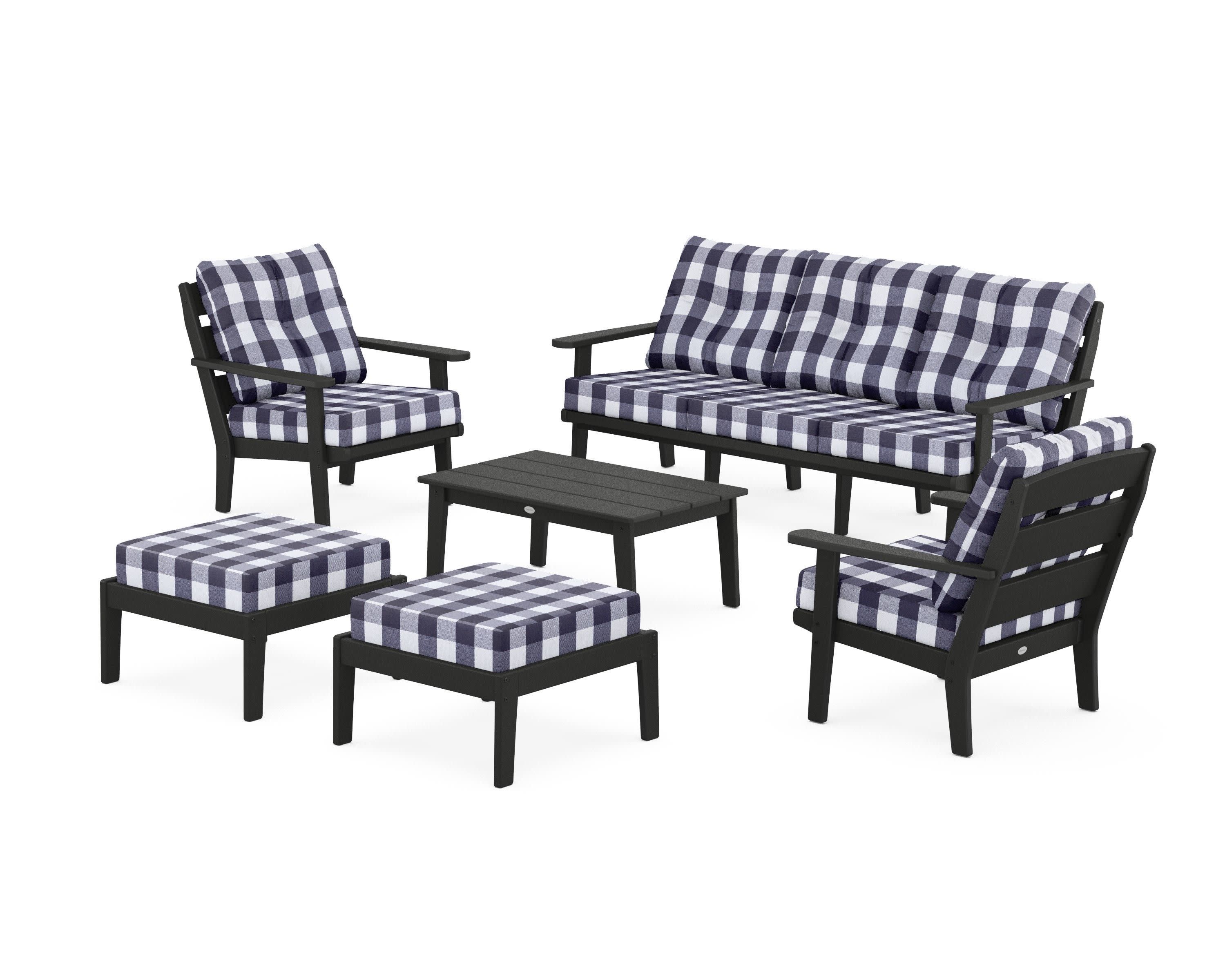 Lakeside 6-Piece Lounge Sofa Set in Black / Buffalo Plaid Navy