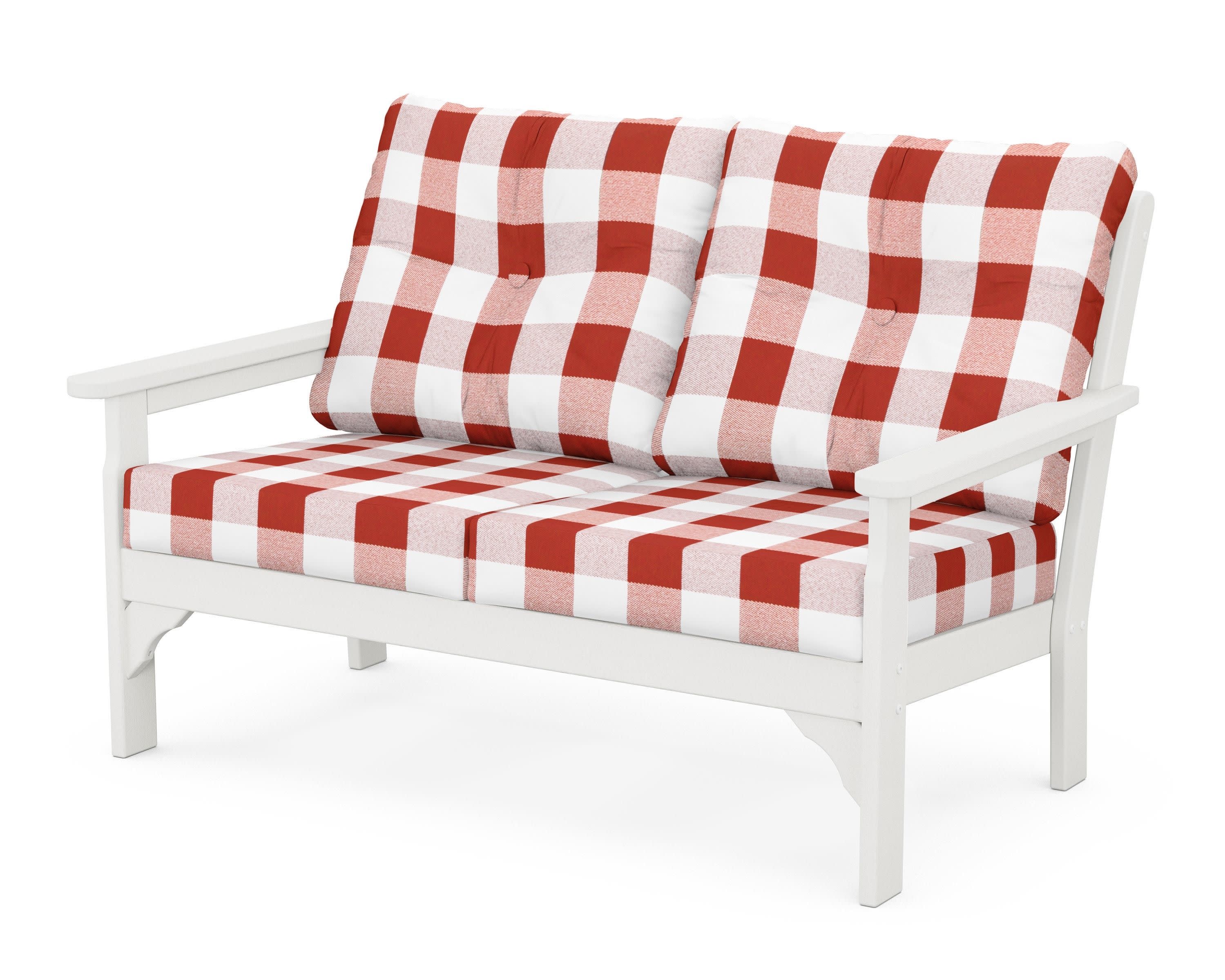 Vineyard Deep Seating Loveseat in Vintage White / Buffalo Plaid Crimson